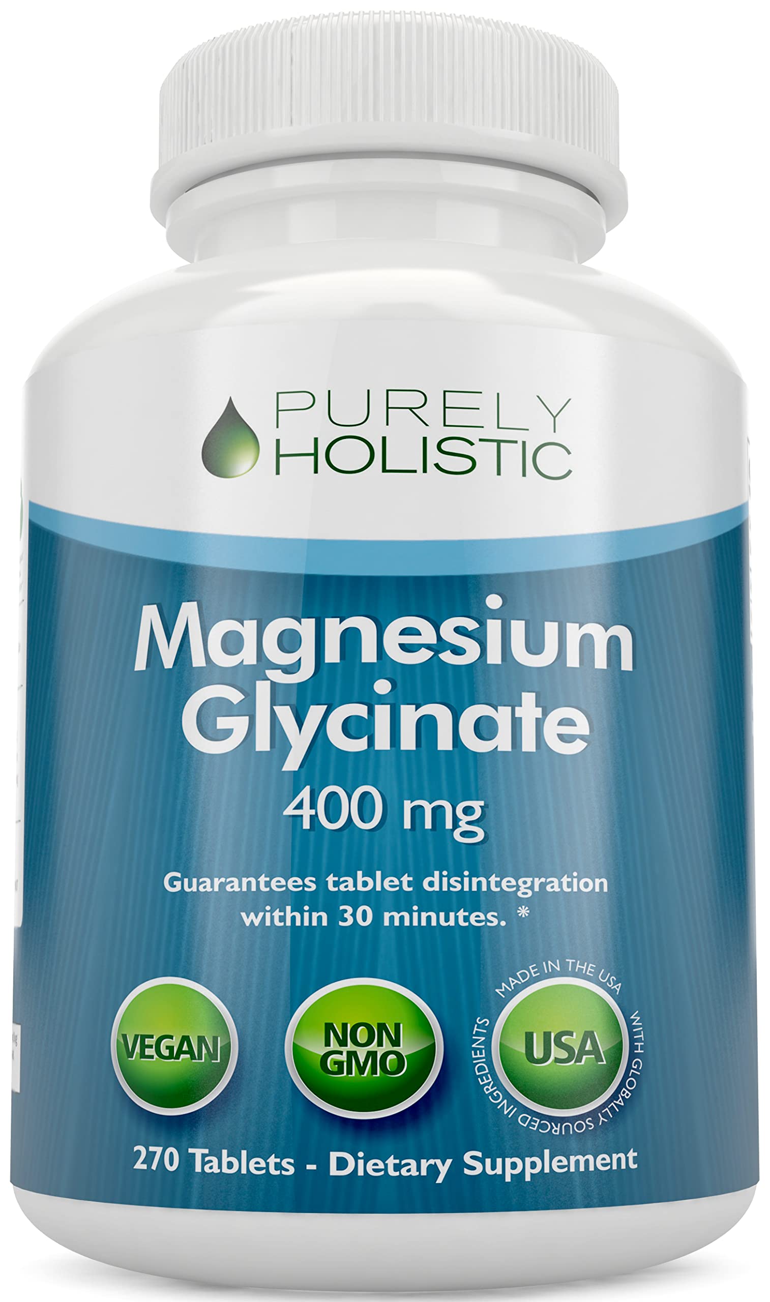 Magnesium Glycinate 400mg - 270 Magnesium Tablets (not Capsules) - 400 mg Elemental Magnesium - Highly Bioavailable - Vegan and Vegetarian - for Improved Sleep, Stress Relief & Cramp Defense Purely Holistic Au supplements
