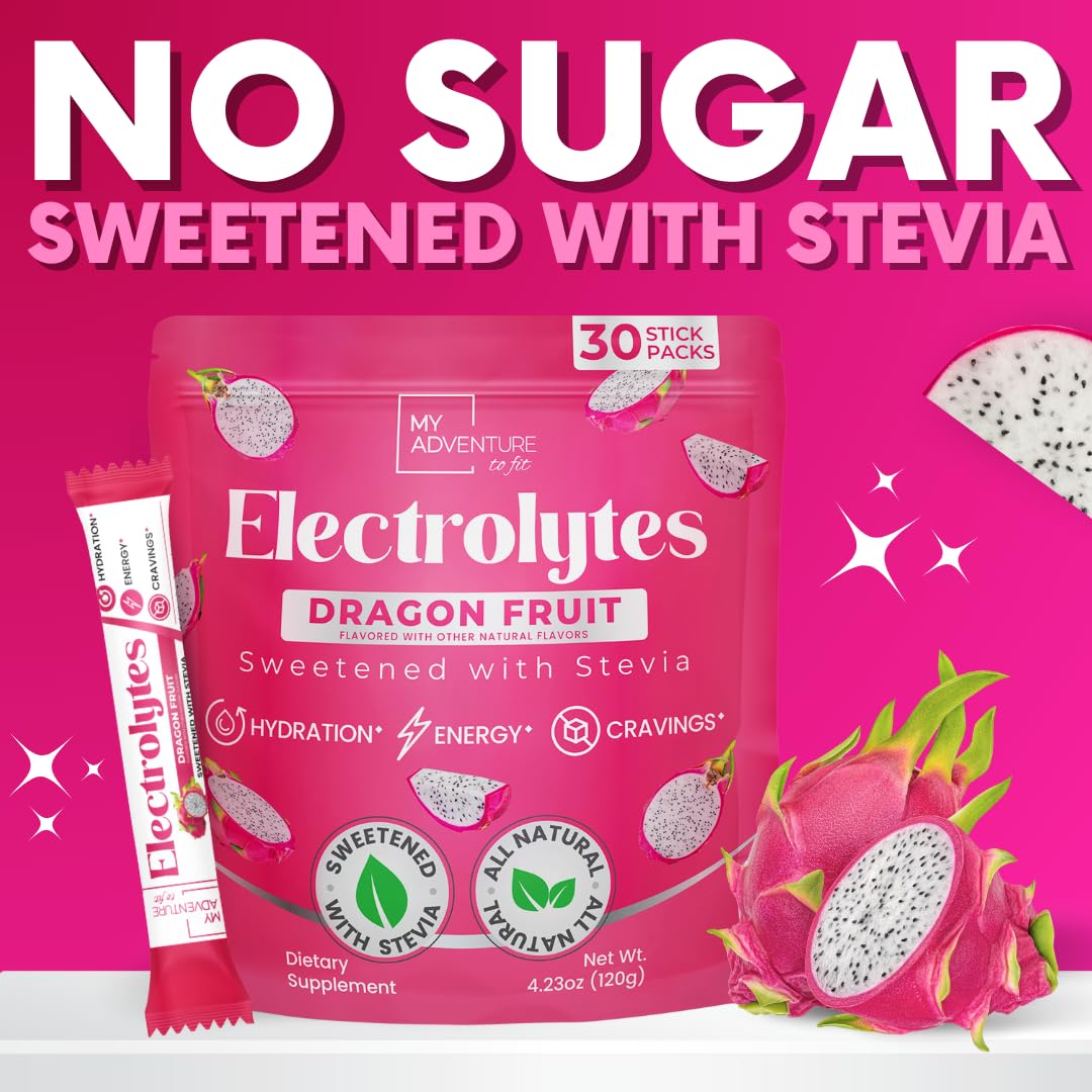 Zero Sugar Dragon Fruit Electrolytes Sticks - Refreshing Hydration - Caffeine Free Energy with Natural Ingredients - Vegan, Keto & Paleo