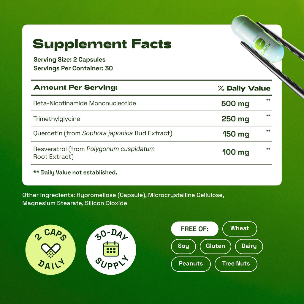 Cata-Kor NMN Supplement – 1000mg Per Serving NAD Resveratrol Supplement with Quercetin | TMG – NMNH Alternative – Supports Cellular Energy & NAD+ Level – 60 Capsules