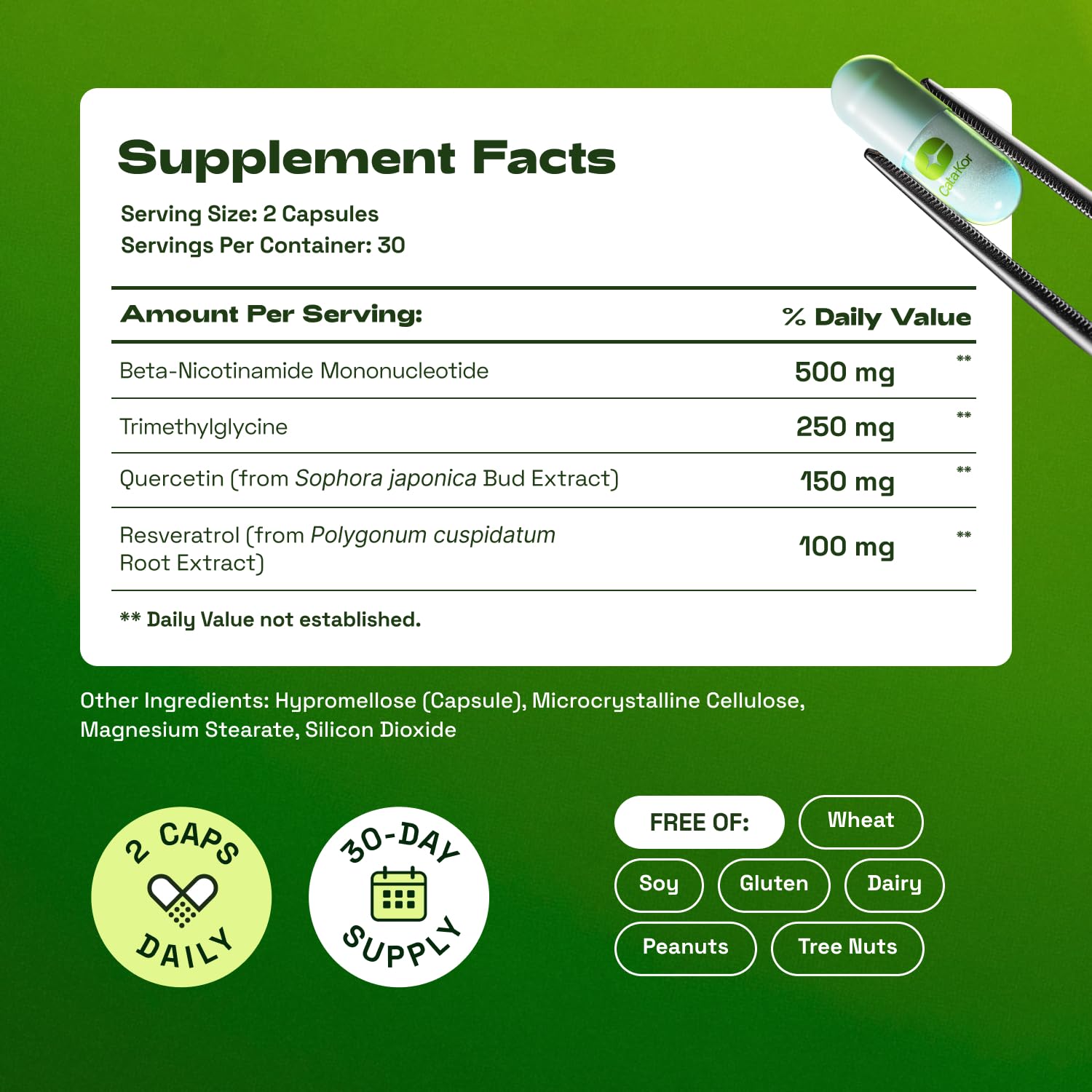 Cata-Kor NMN Supplement – 1000mg Per Serving NAD Resveratrol Supplement with Quercetin | TMG – NMNH Alternative – Supports Cellular Energy & NAD+ Level – 60 Capsules