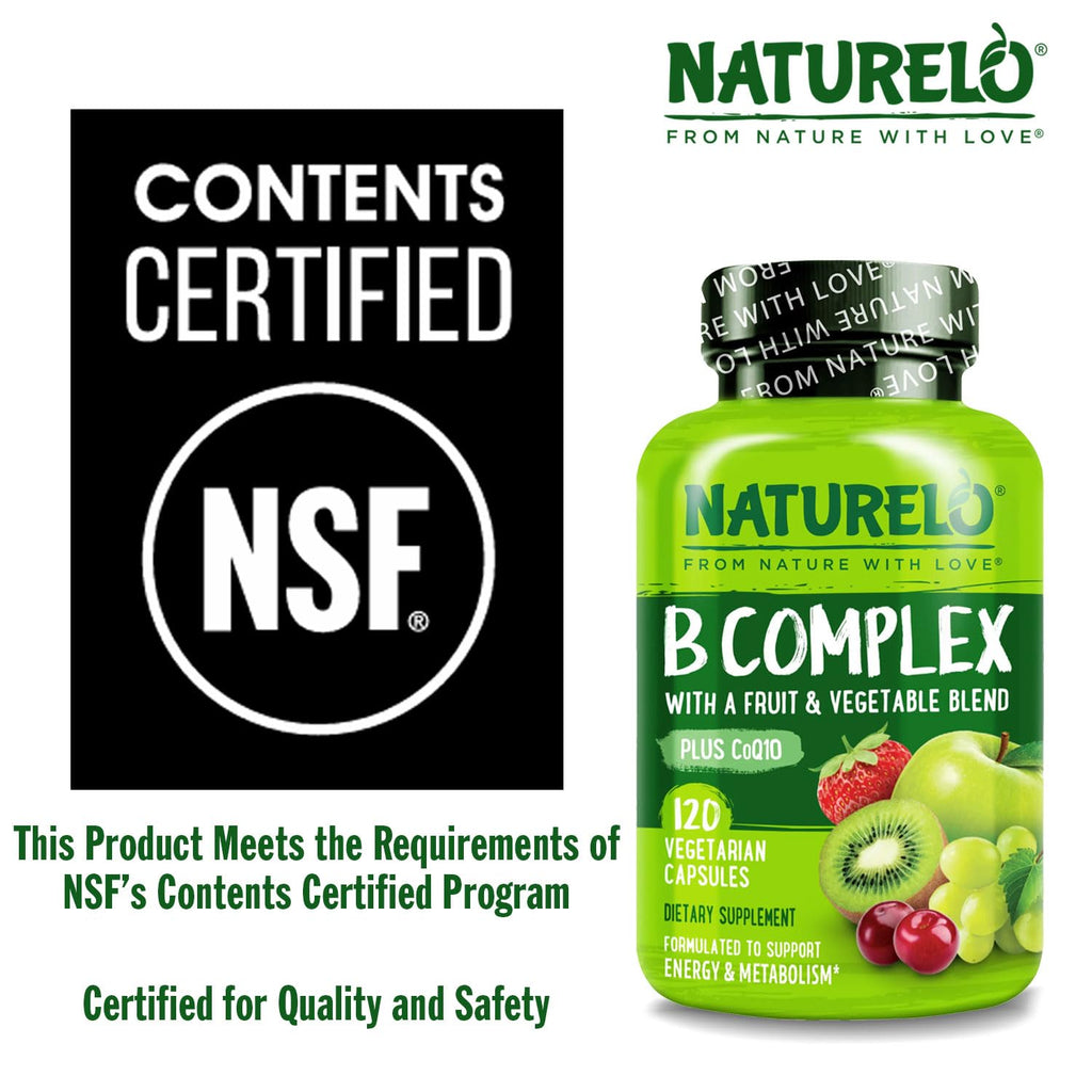 NATURELO Vitamin B Complex,120 Capsules, Vegan, CoQ10, Methyl Folate, Biotin, Fruit & Veg Blend, Supports Energy and Healthy Stress Response