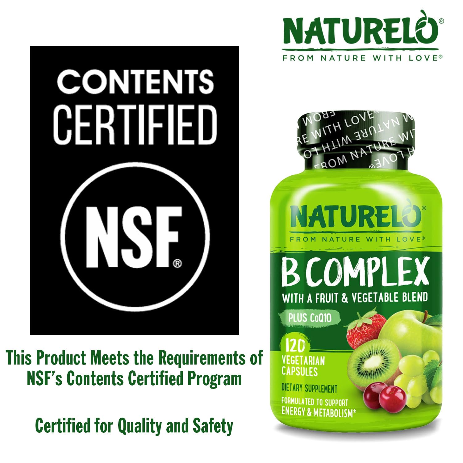 NATURELO Vitamin B Complex,120 Capsules, Vegan, CoQ10, Methyl Folate, Biotin, Fruit & Veg Blend, Supports Energy and Healthy Stress Response