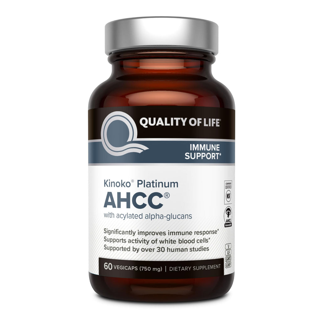 Quality of Life Premium Kinoko Platinum AHCC Herbal Supplement, 750mg per Capsule, for Immune Support, Liver Function, Maintains Natural Killer Cell Activity