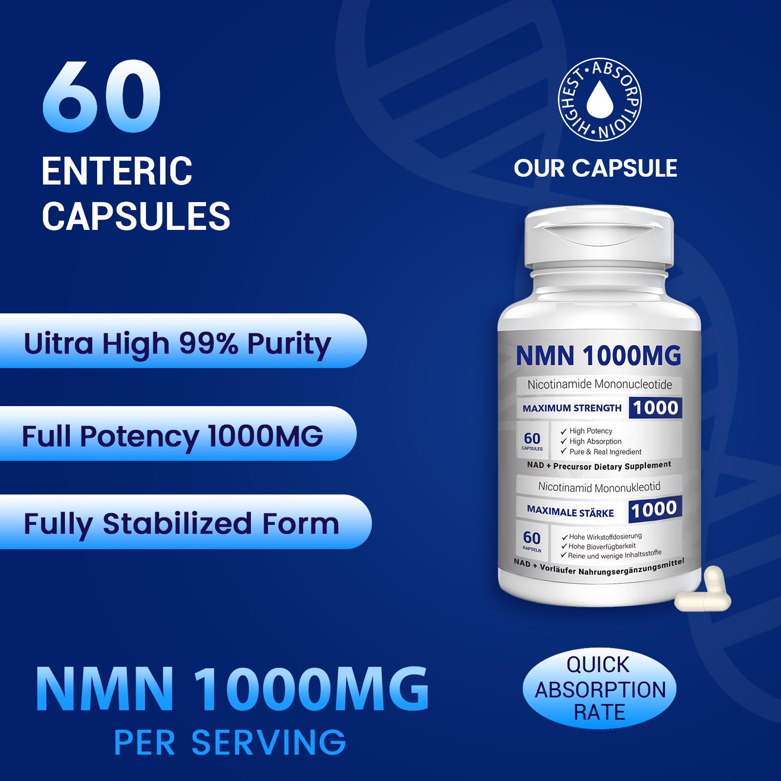 NMN 1000mg Per Serving Maximum Strength - 99% Pure NMN (Nicotinamide Mononucleotide) for NAD, Cell, Immune, Energy, Anti-Aging & Longevity, Stabilized NMN Supplements 1000mg - 60 Veggie Capsules CFUKING Au supplements