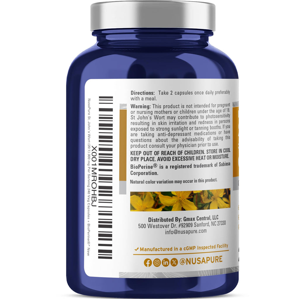 NusaPure St. John's Wort 20:1 Extract, 300 mg Equivalent to 6,000mg 240 Veggie Capsules (Vegetarian, Non-GMO & Vegan) Bioperine NusaPure Au supplements