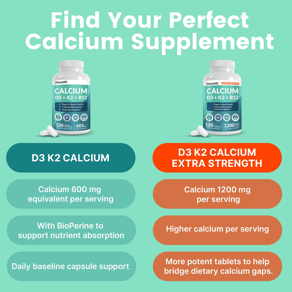 4-in-1 Calcium 1200 mg with Vitamin D3 K2 - Extra Strength Calcium Supplements for Women & Men with D3 K2 Vitamin 5000 IU - Everyday Vitality Supplement