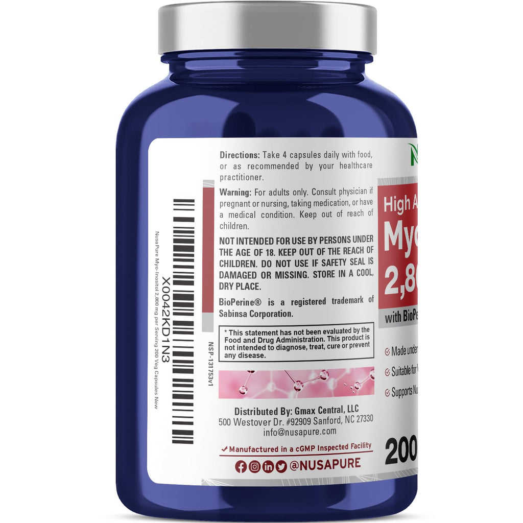 NusaPure Myo-Inositol - Suitable for Vegetarian/Vegan, Non - GMO - 2800mg, 200 Capsules NusaPure Au supplements