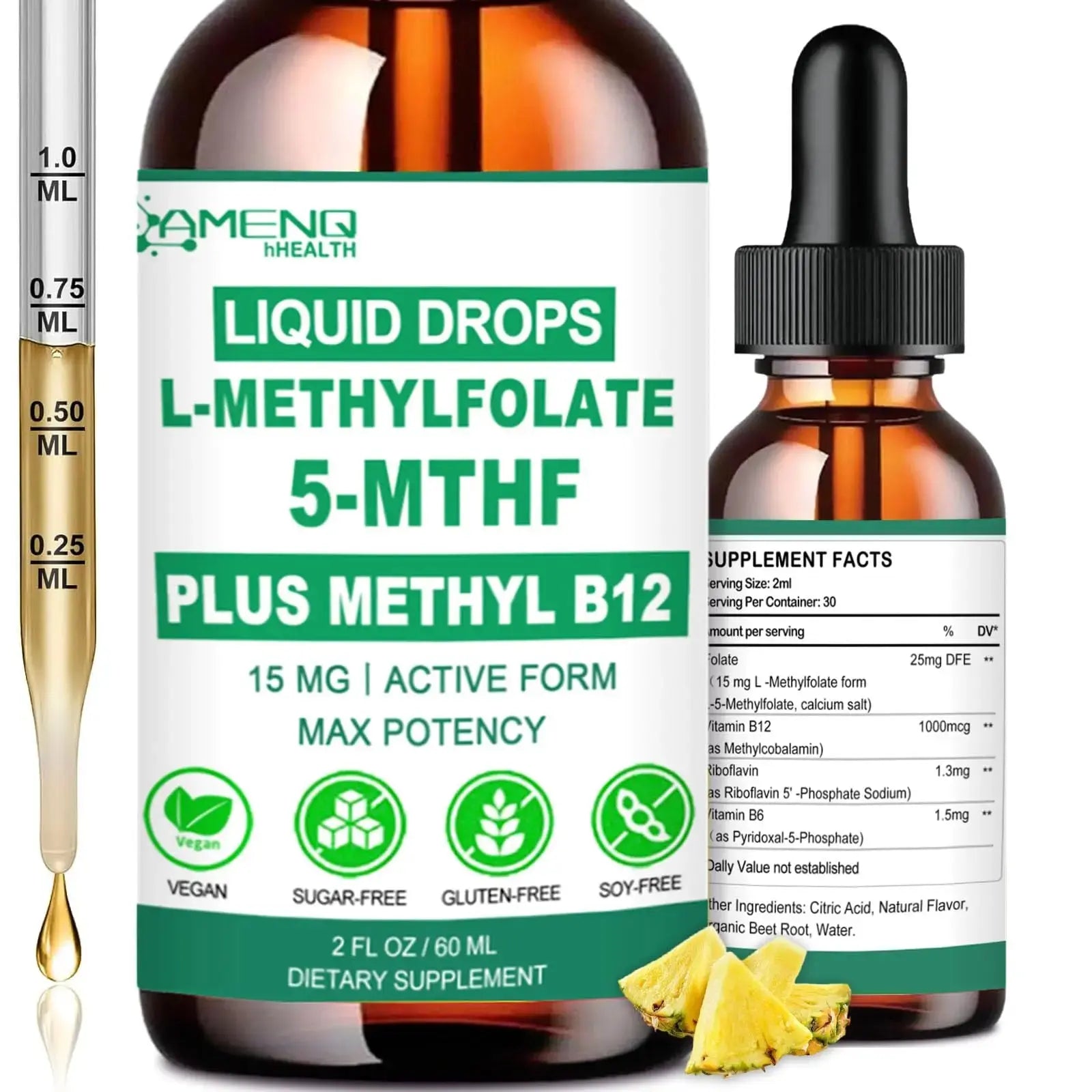 Methylfolate Supplement Liquid Drops, L Methy Folate 15mg Plus Methy B12, B6, B2 Multivitamin, Metabolically Active 5-MTHF Form AMENQ hHEALTH Au supplements