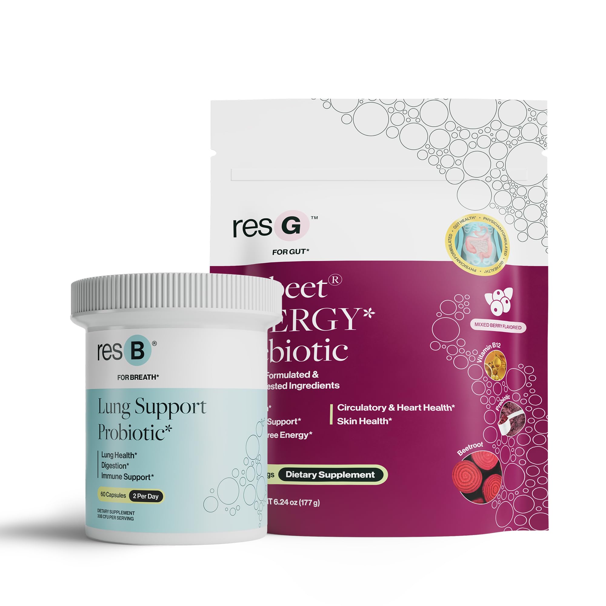 Power Gut Bundle - Lung Probiotic & GLP-1 Prebiotic, Clinically Trialed Respiratory Health Support & Metabolism Boost, Supplement Vitamins - resB (30 Servings) & prebeet (30 Servings) ResBiotic Au supplements