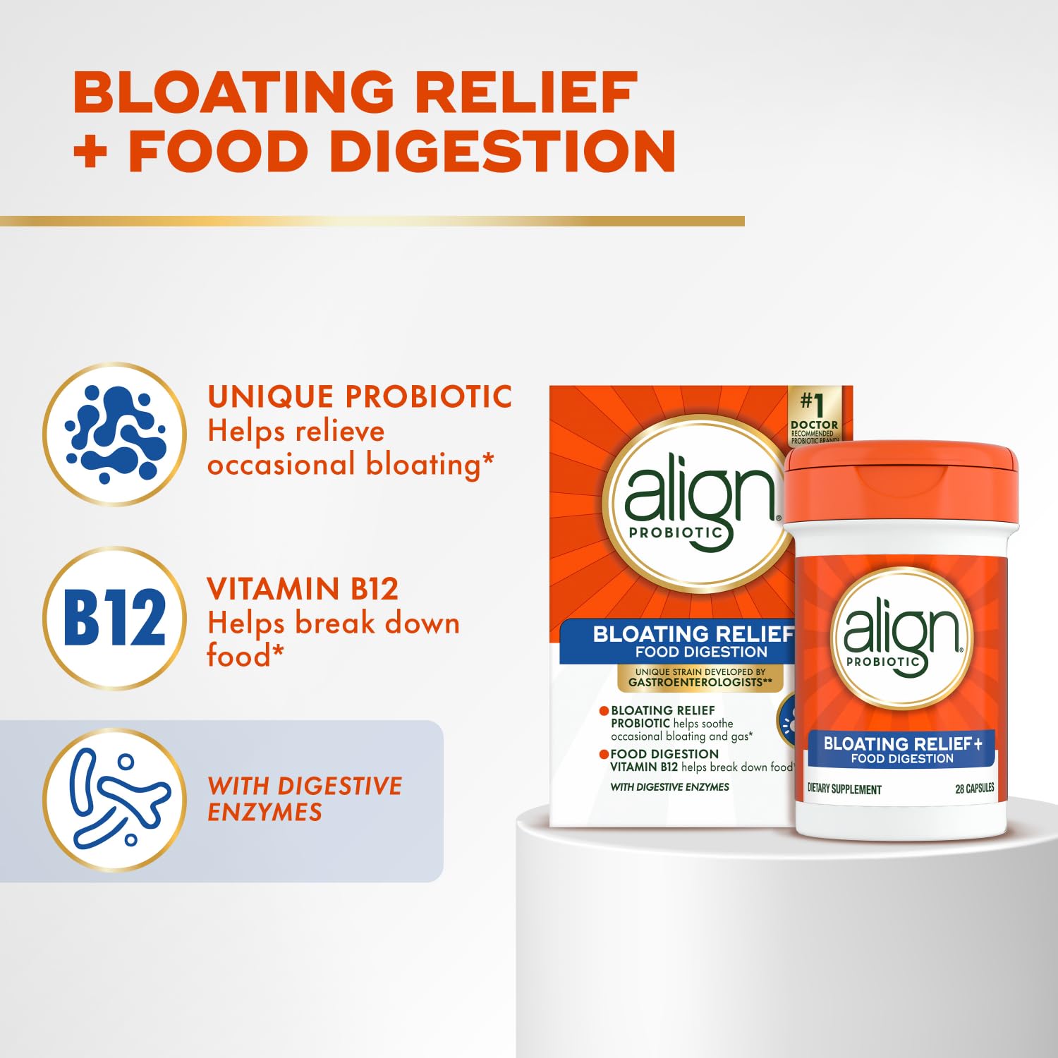Align Probiotic Bloating Relief + Food Digestion, Probiotics for Women and Men, #1 Doctor Recommended Brand‡, Promotes Digestive Health and Helps Support the Metabolism of Food*, 28 Capsules Align Au supplements