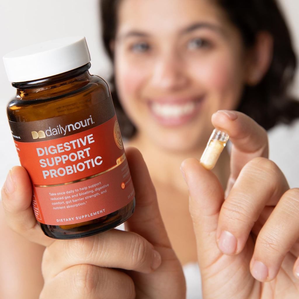 Daily Nouri Digestive Support Probiotics for Women & Men | Bloating & Gas Relief | 3 Clinically Studied Strains + Omega | 30-Day Supply