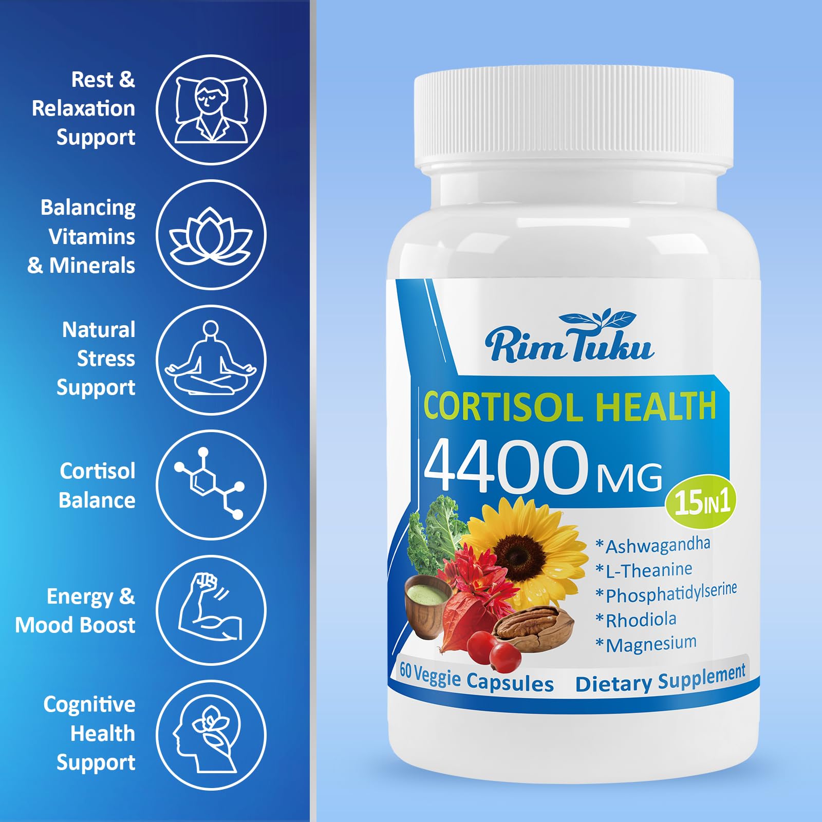 RimTuku Cortisol Supplements for Women & Men -15-in-1 Cortisol Detox for Women, Cortisol Manager & Reducer with Ashwagandha, Rhodiola Rosea Supports Stress Relief, Adrenal Balance, 120 Capsules RimTuku Au supplements