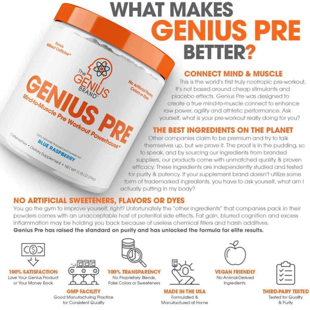 Genius Pre Workout Powder, Blue Raspberry - All-Natural Nootropic Pre-workout & Caffeine The Genius Brand Au supplements