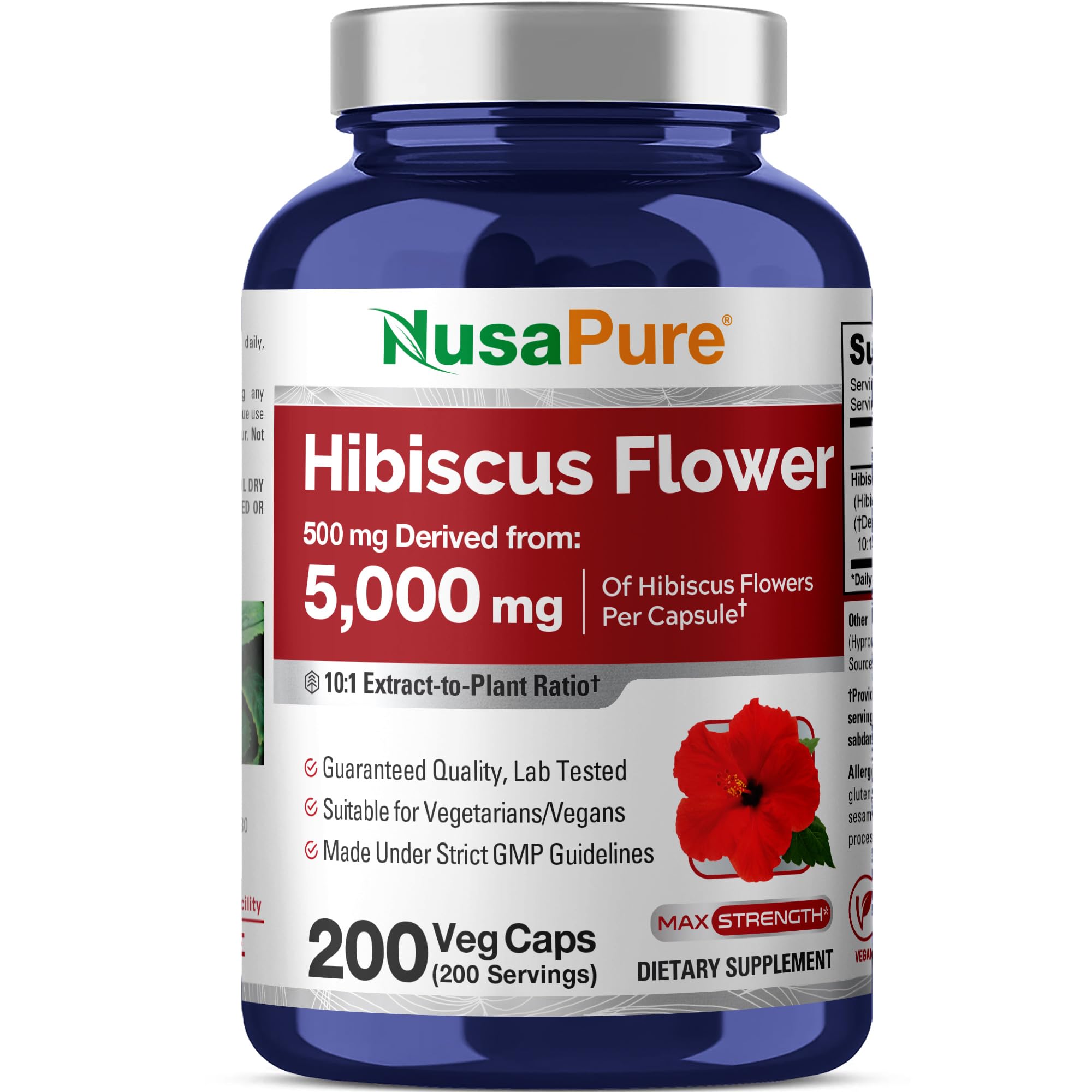 NusaPure Hibiscus Flower 10:1 Extract, 500 mg Equivalent to 5000mg 200 Vegetarian Caps (Non-GMO, Vegan) NusaPure Au supplements