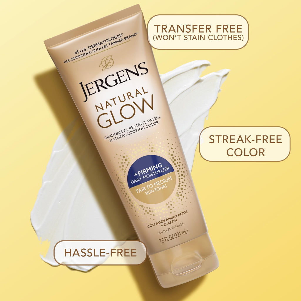 Jergens Natural Glow +Firming Self Tanner Body Lotion, Fair to Medium Skin Tone, Sunless Tanning Moisturizer