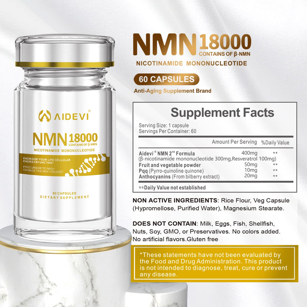 AIDEVI NMN 18000 - Nicotinamide Mononucleotide Supplement with Resveratrol, Stabilized Form & 99% High Purity to Boost NAD+ Levels for DNA Repair Supplement, for Healthy Aging, 60 Capsules AIDEVI Au supplements