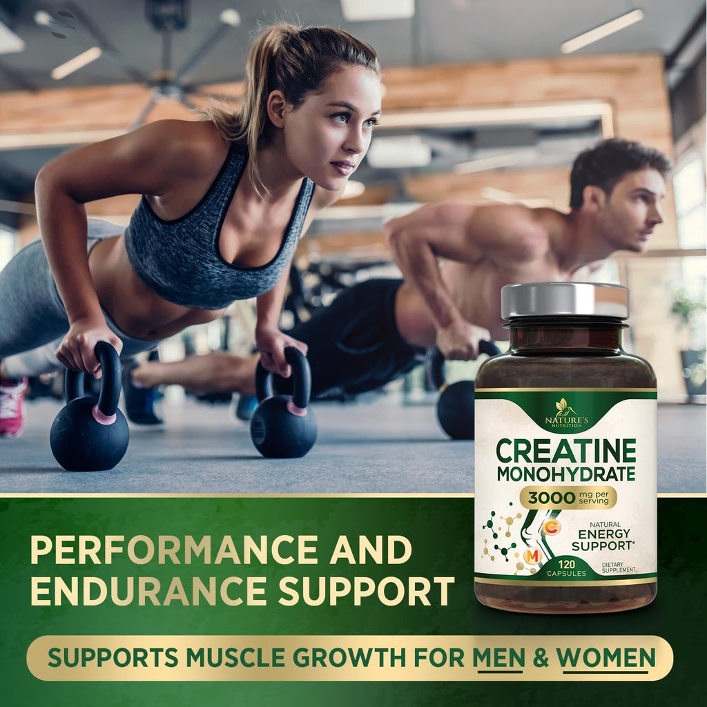 Creatine Monohydrate Capsules 3000mg Per Serving – Micronized Creatine Powder - Supports Lean Muscle, Strength, Energy, & Endurance - Nature's Supplement, Non-GMO, Bottled in USA - 120 Capsules Nature's Nutrition Au supplements