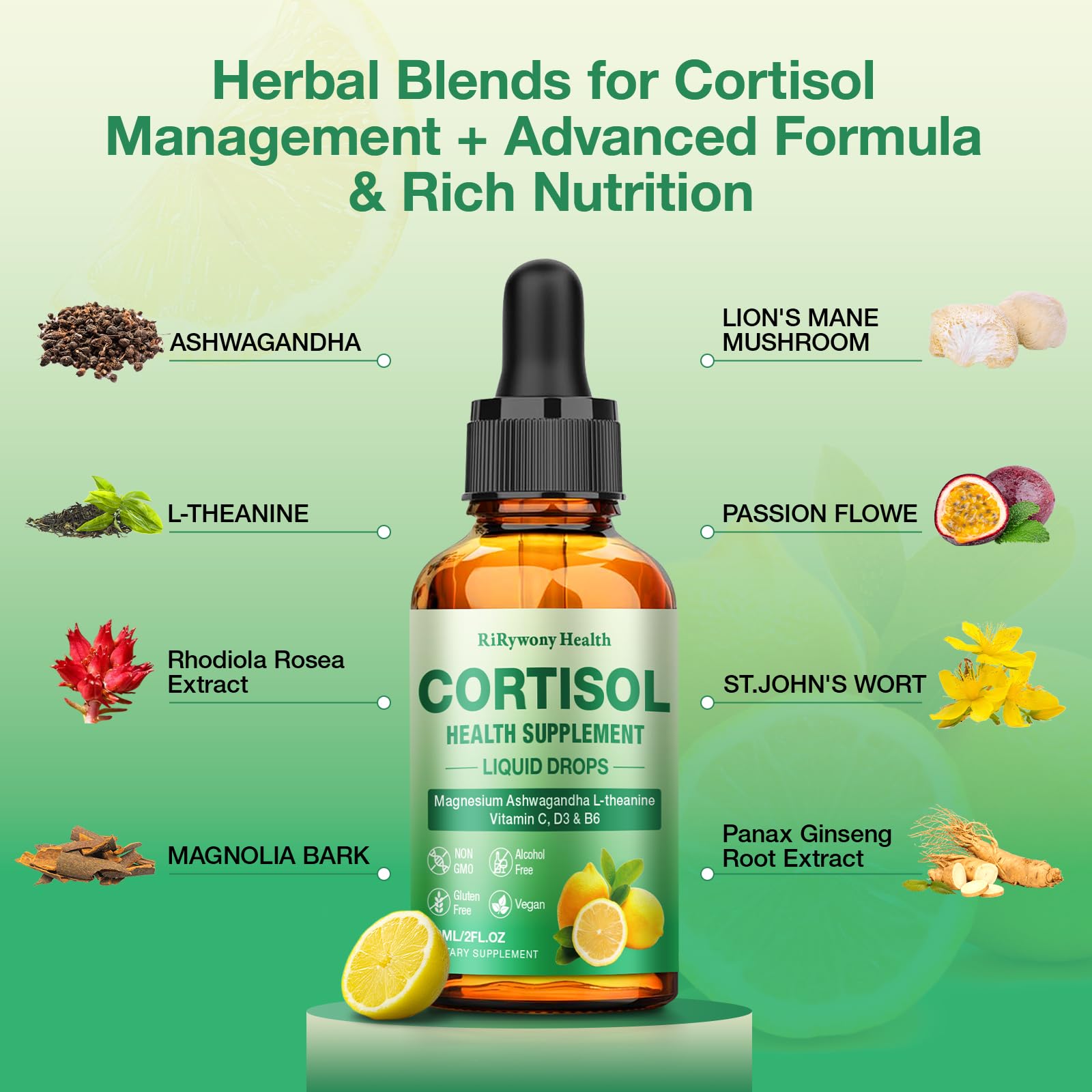 Cortisol Supplement for Women & Men - Cortisol Detox Reducer Magnesium Glycinate, Ashwagandha, L-Theanine, Phosphatidylserine - Hormone Balance for Calm Mood Focus Sleep (2 FL.OZ Lemon) RiRywony Health Au supplements