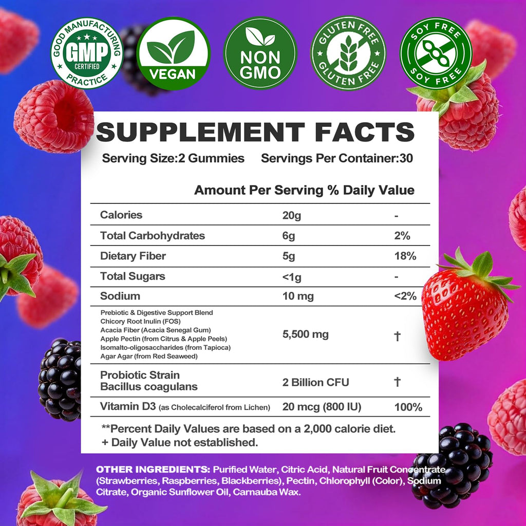 Prebiotic Fiber Gummies, 5g Fiber per Serving, 2 Billion CFU Bacillus Coagulans + Vitamin D3, Sugar Free Pectin Mixed Berry Gummies, Inulin (FOS) + Acacia