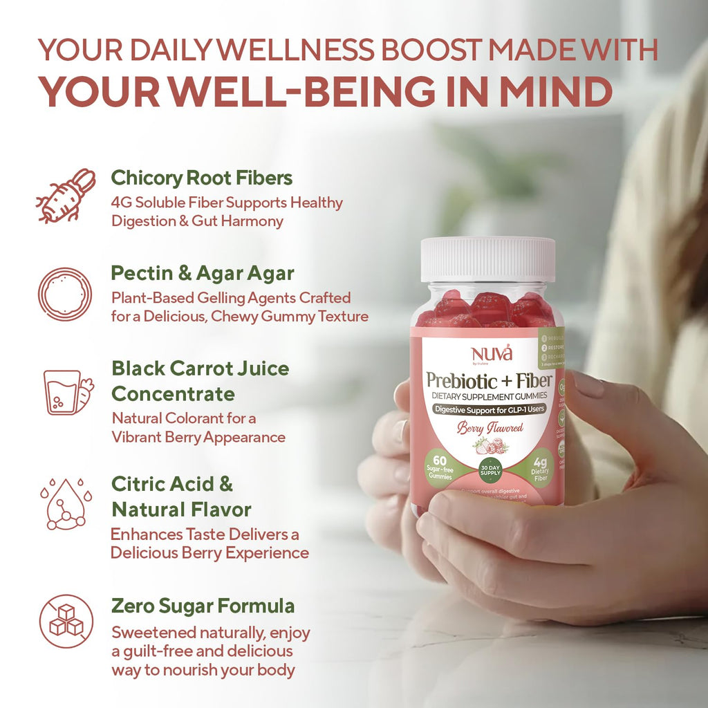 NuVa by Trulore Prebiotic + Fiber Gummies |  User Nutritional Support | Sugar Free Fiber Gummies for Adults | Berry Flavor | Non-GMO Digestive Balance for Men & Women | 60 Gummies - 30 day Supply