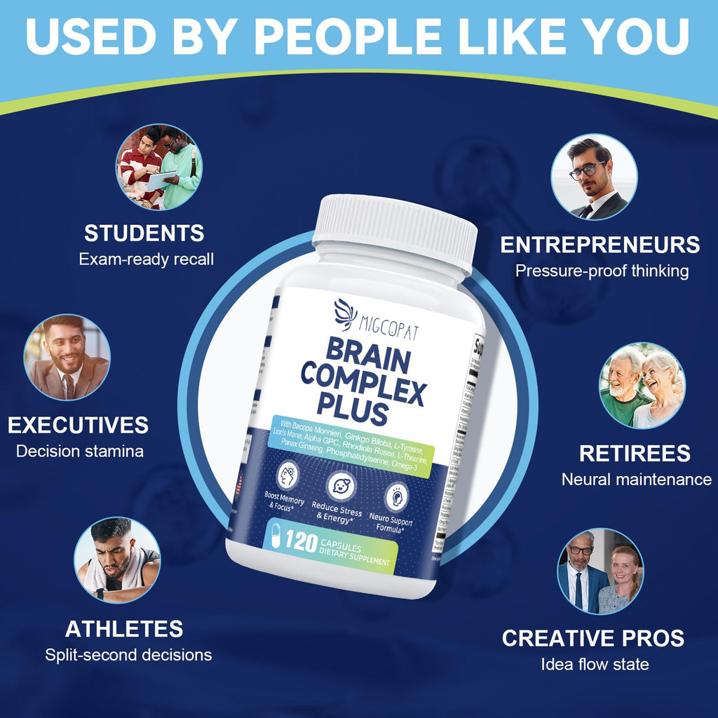Brain Supplements for Memory & Focus - Nootropic with Bacopa Monnieri, Lion's Mane, Alpha GPC, Phosphatidylserine | Supports Mental Clarity & Cognitive Function | Vitamin B6 & B12-120 Capsules Migcopat Au supplements