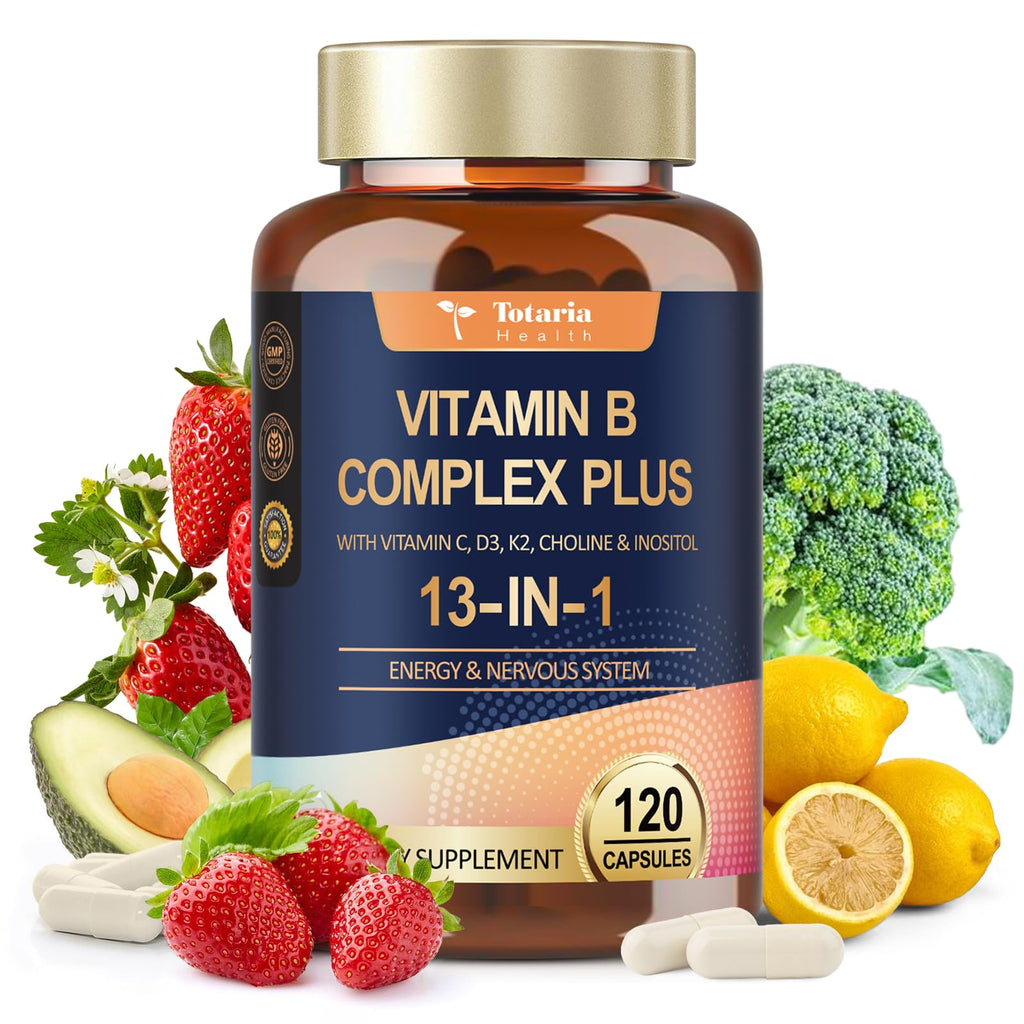 13-in-1 Vitamin B Complex Plus with Vitamin B1, B2, B3 (Niacinamide), B4, B5, B6, B7 (Biotin), B8 (Inositol), B9 (Folate), B12, C, D3, K2 - Energy, Nerve,