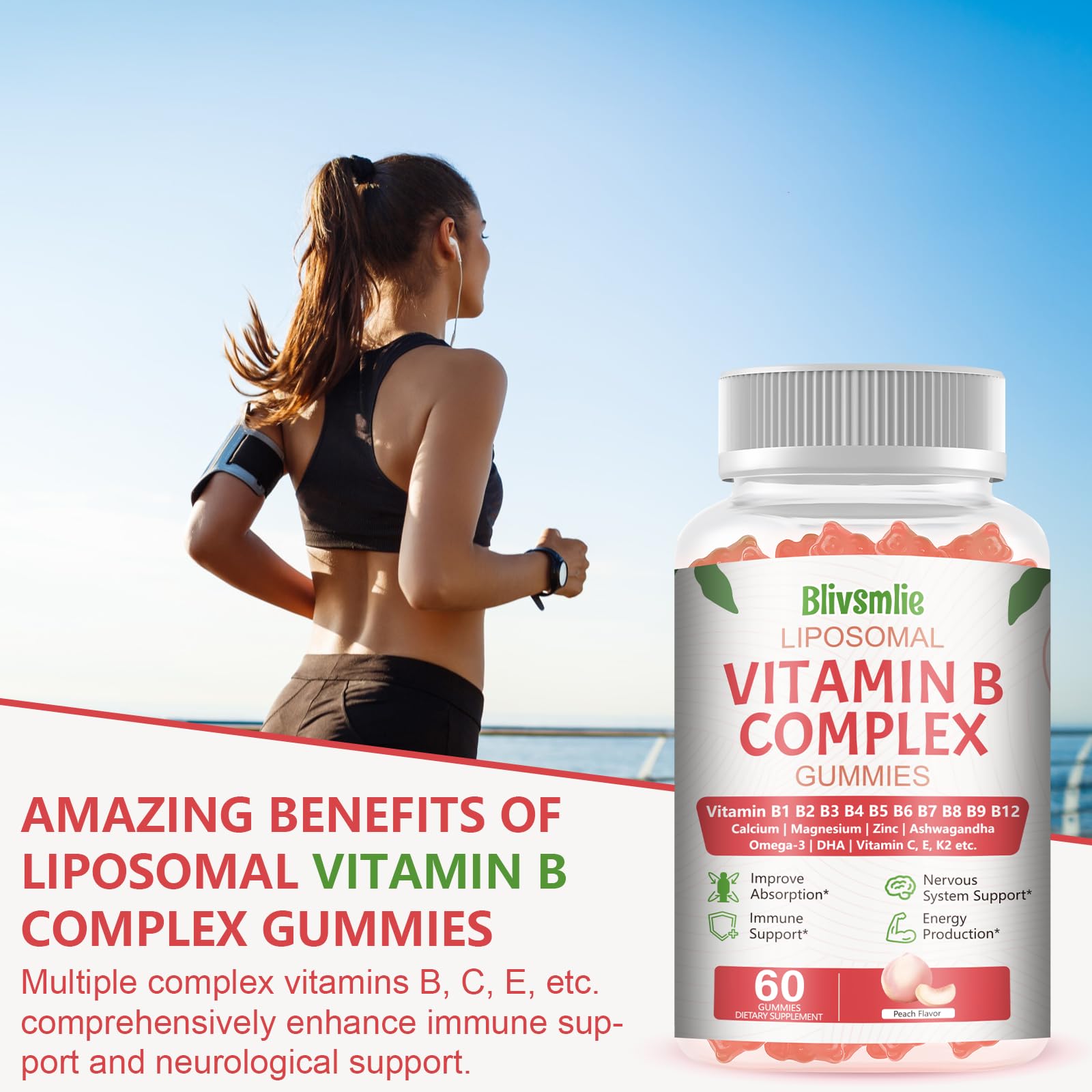 Blivsmlie 2 Pack 33-in-1 Liposomal Vitamin B Complex Gummies -B1, B2, B3, B4, B5, B6, B7, B8, B9,B12 | Vitamin C, D3,K2|Calcium,Magnesiun,Zinc etc.for Energy