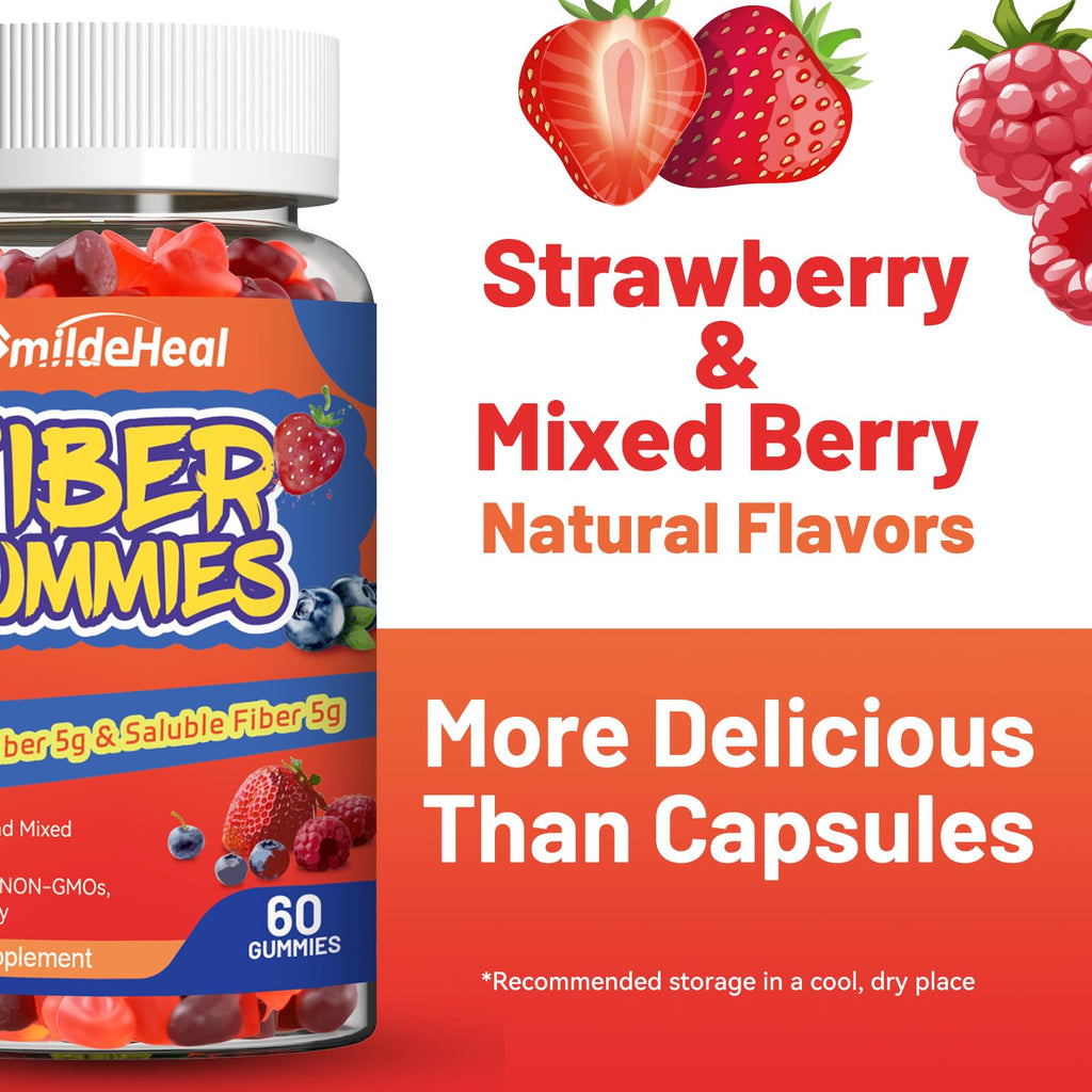 SmildeHeal Fiber Gummies, Dietary Fiber, for Women and Men, Gut Health Support, Non-GMOs, Non-Gluten, Vegan, Mixed Berry