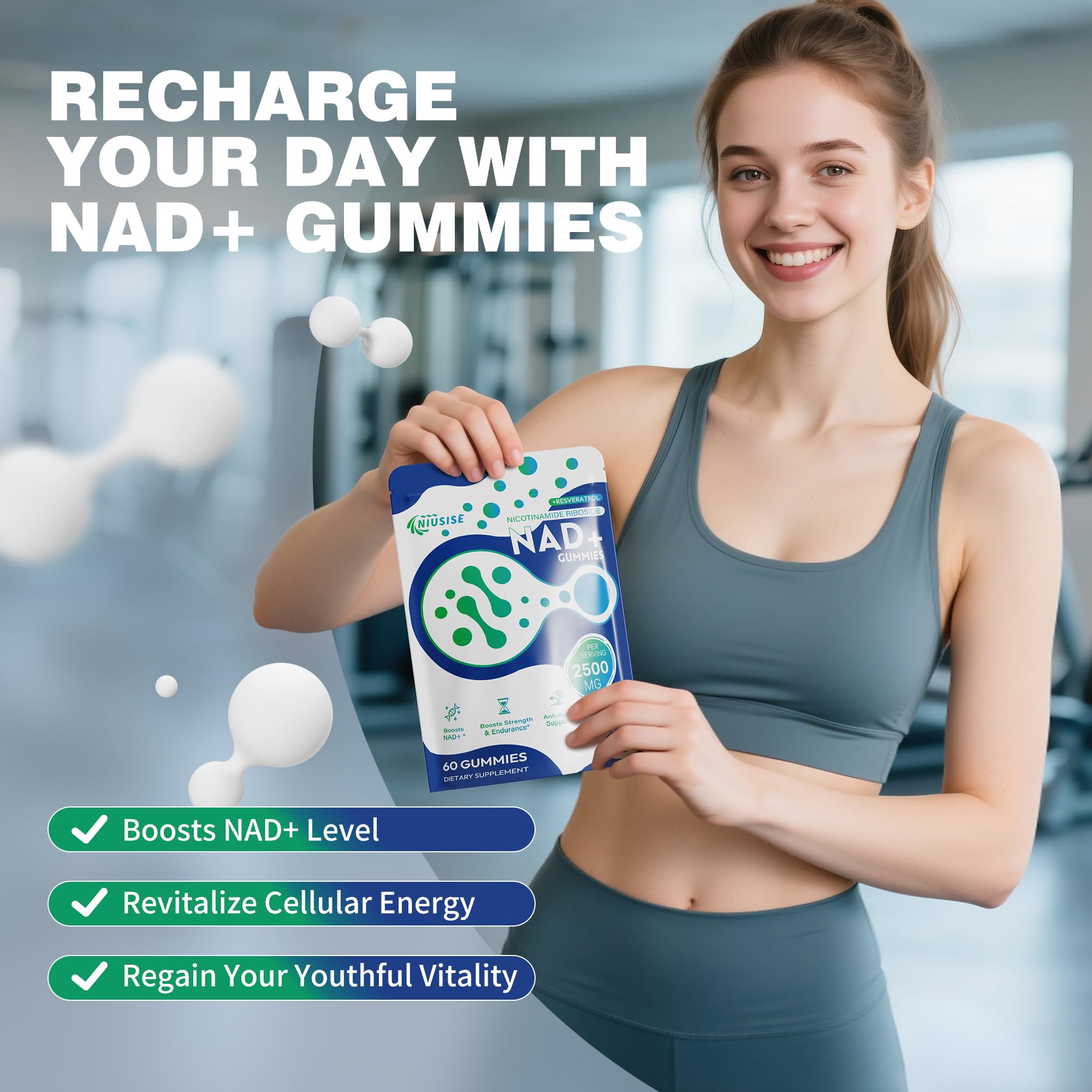 NIUSISE NAD Gummies Sugar Free, NAD+ Supplement with Liposomal Nicotinamide Riboside, Resveratrol, Quercetin, NAD Supplement for Anti-Aging, Energy, Cellular Health, Blueberry Flavor, 60 Gummies NIUSISE Au supplements