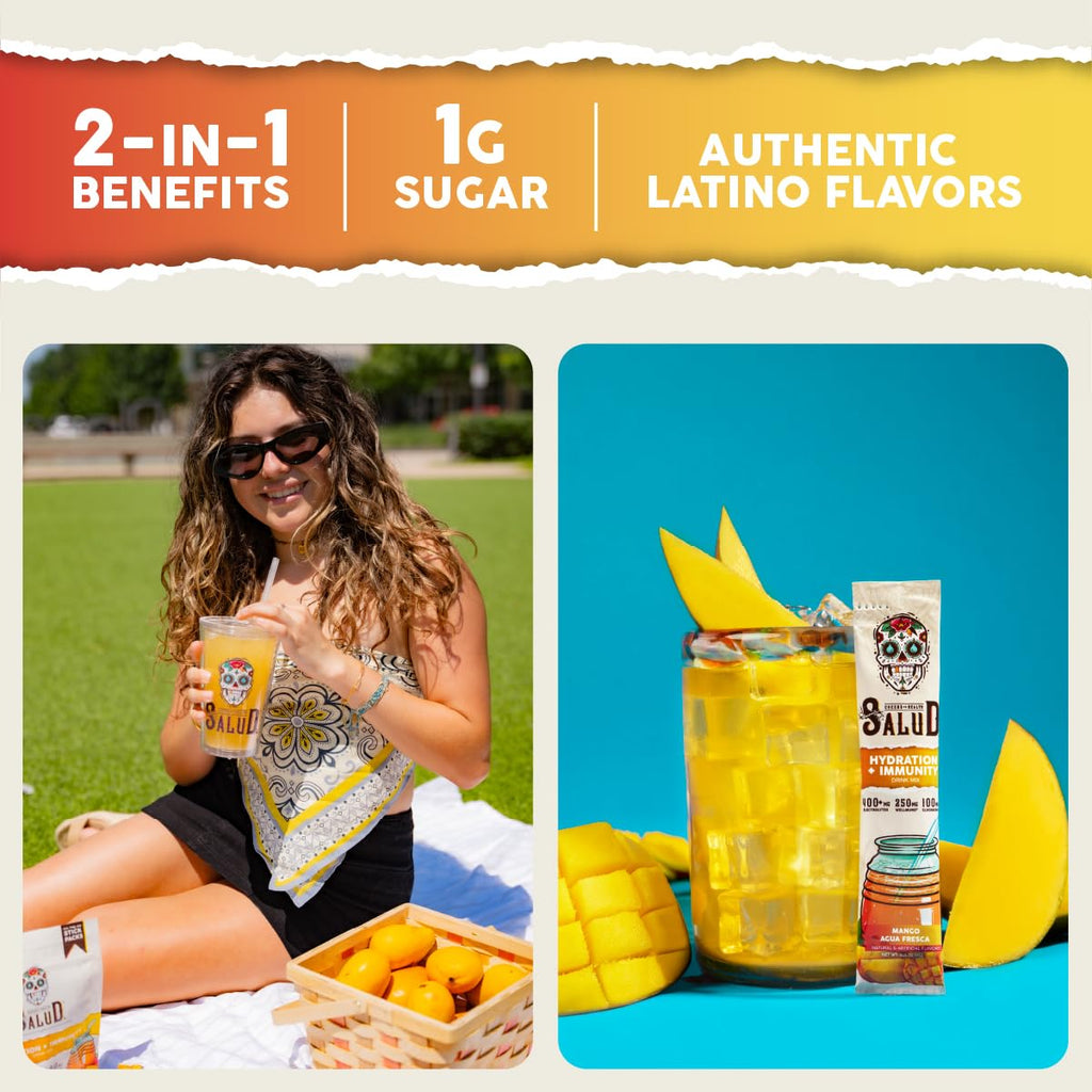 Salud 2-in-1 Hydration Packets + Immunity Electrolytes Powder, Mango - Agua Fresca Drink Mix, Elderberry, Dairy & Soy Free, Non-GMO, Gluten Free,