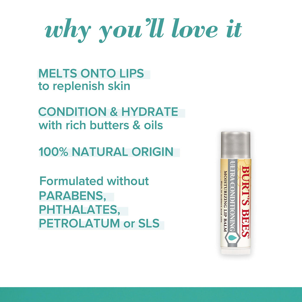 Burt's Bees Lip Balm, Moisturizing Lip Care, 100% Natural Origin, Ultra Conditioning with Shea, Cocoa & Kokum Butter (4 Pack)
