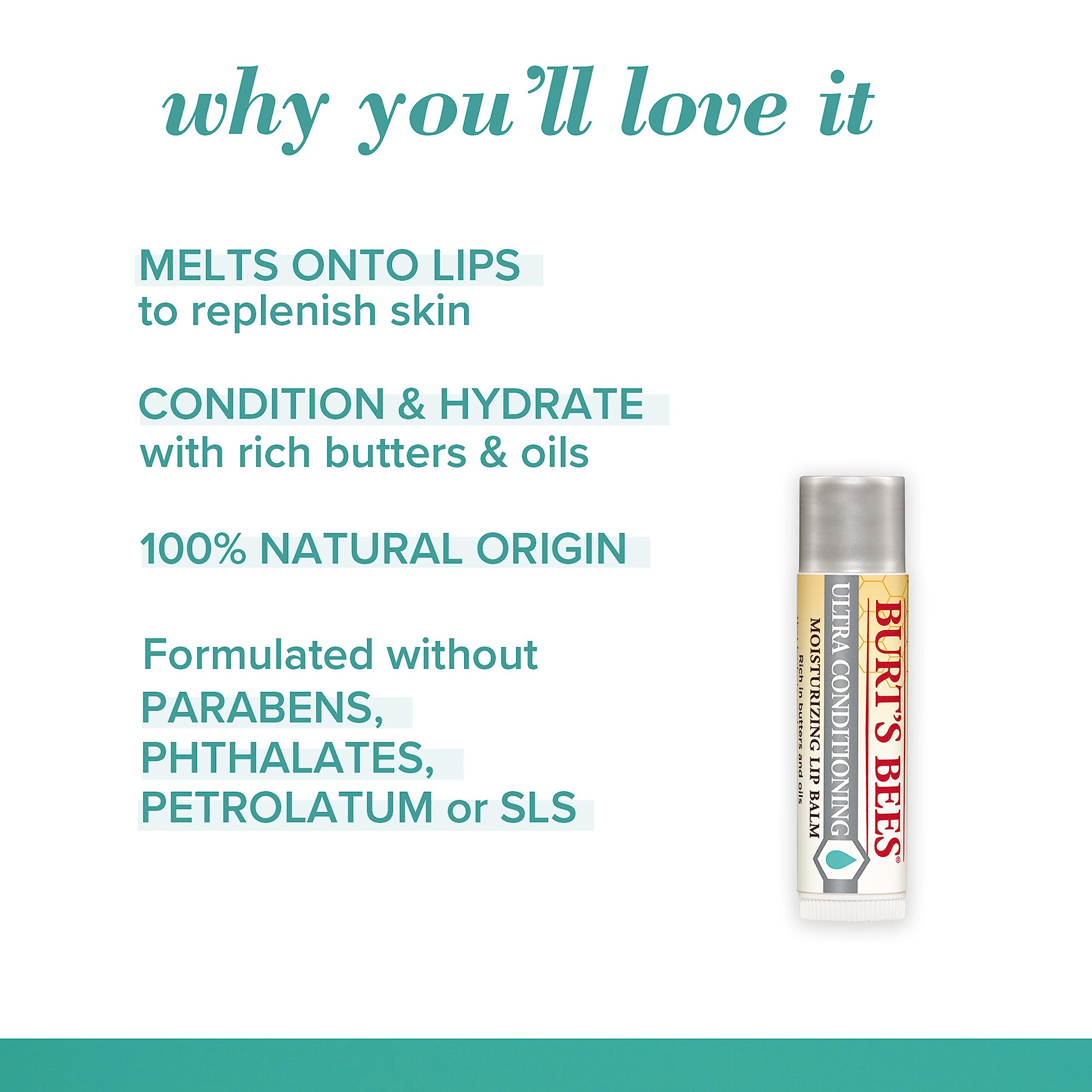 Burt's Bees Lip Balm, Moisturizing Lip Care, 100% Natural Origin, Ultra Conditioning with Shea, Cocoa & Kokum Butter (4 Pack)