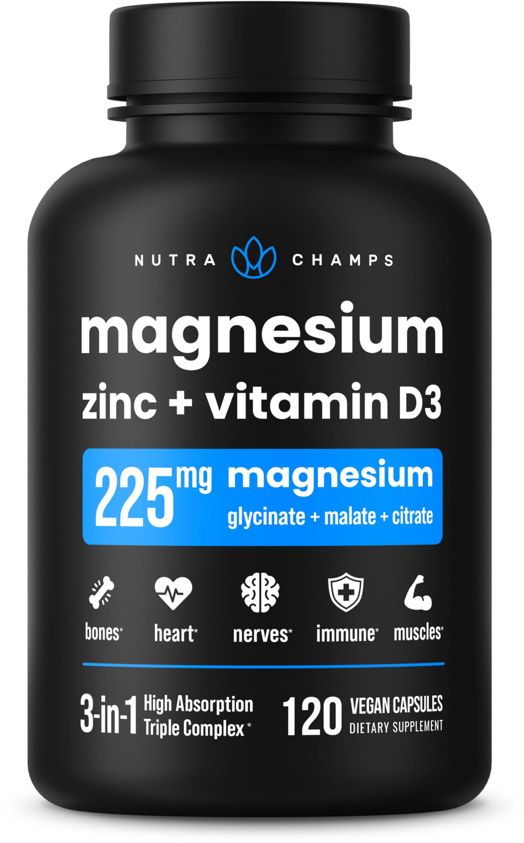 NutraChamps Magnesium Zinc & Vitamin D3 Supplement - Most Bioavailable Forms; Magnesium Glycinate, Malate, Citrate - Bone, Muscle & Heart Health,