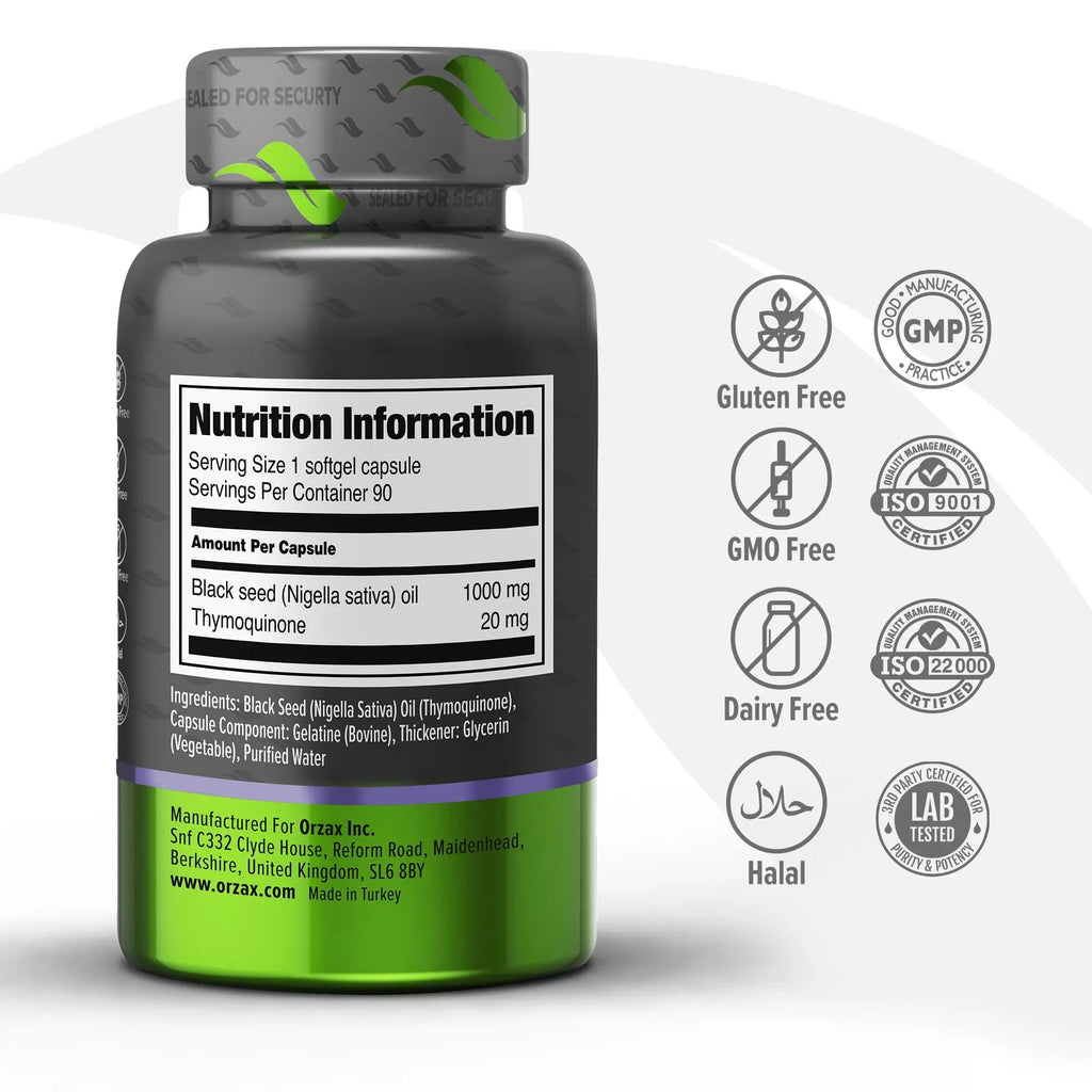ORZAX Black Seed Oil Organic Cold Pressed Capsules with 2% Thymoquinone ORZAX Au supplements
