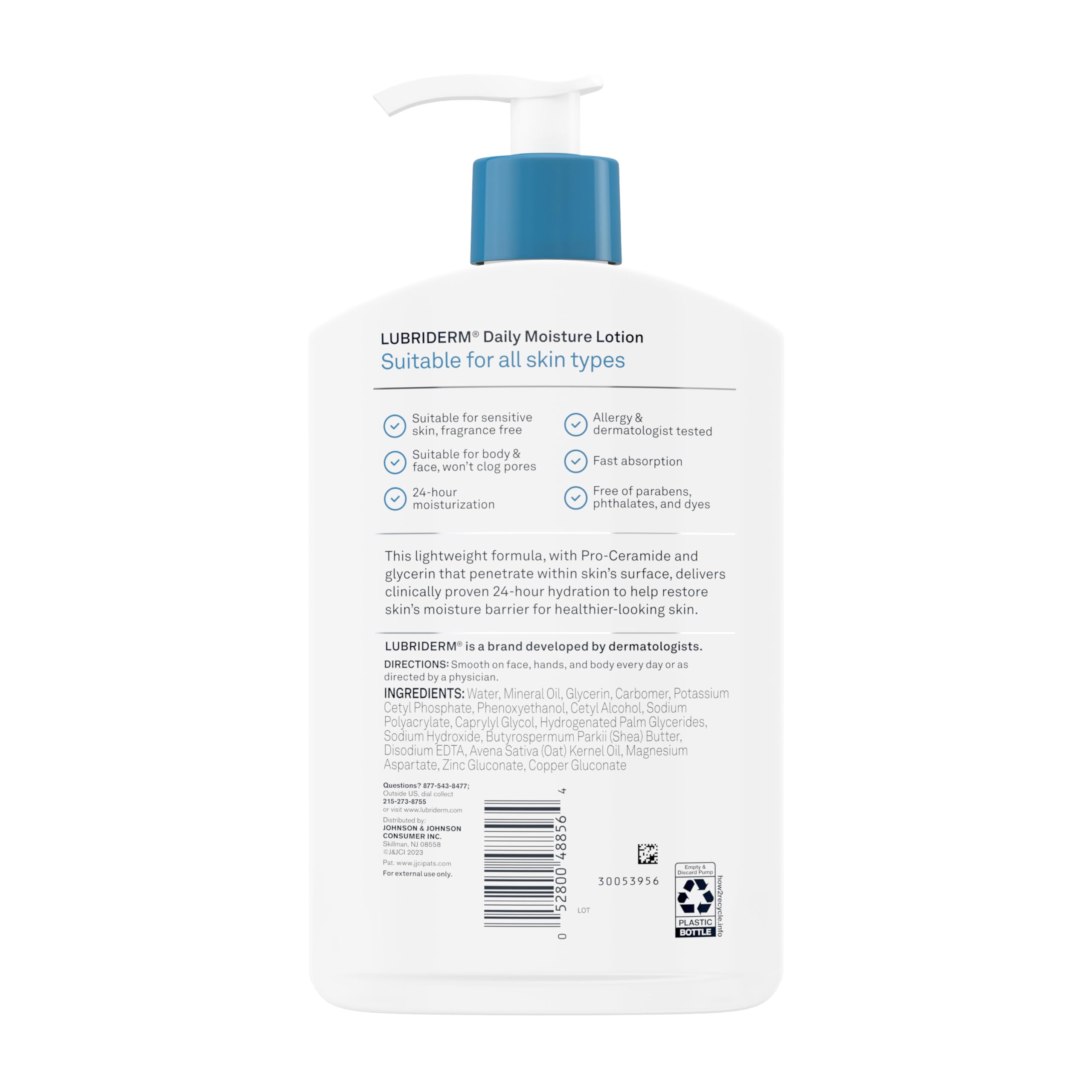 Lubriderm Fragrance Free Daily Moisture Lotion + Pro-Ceramide, Shea Butter & Glycerin, Face, Hand & Body Lotion for Sensitive Skin