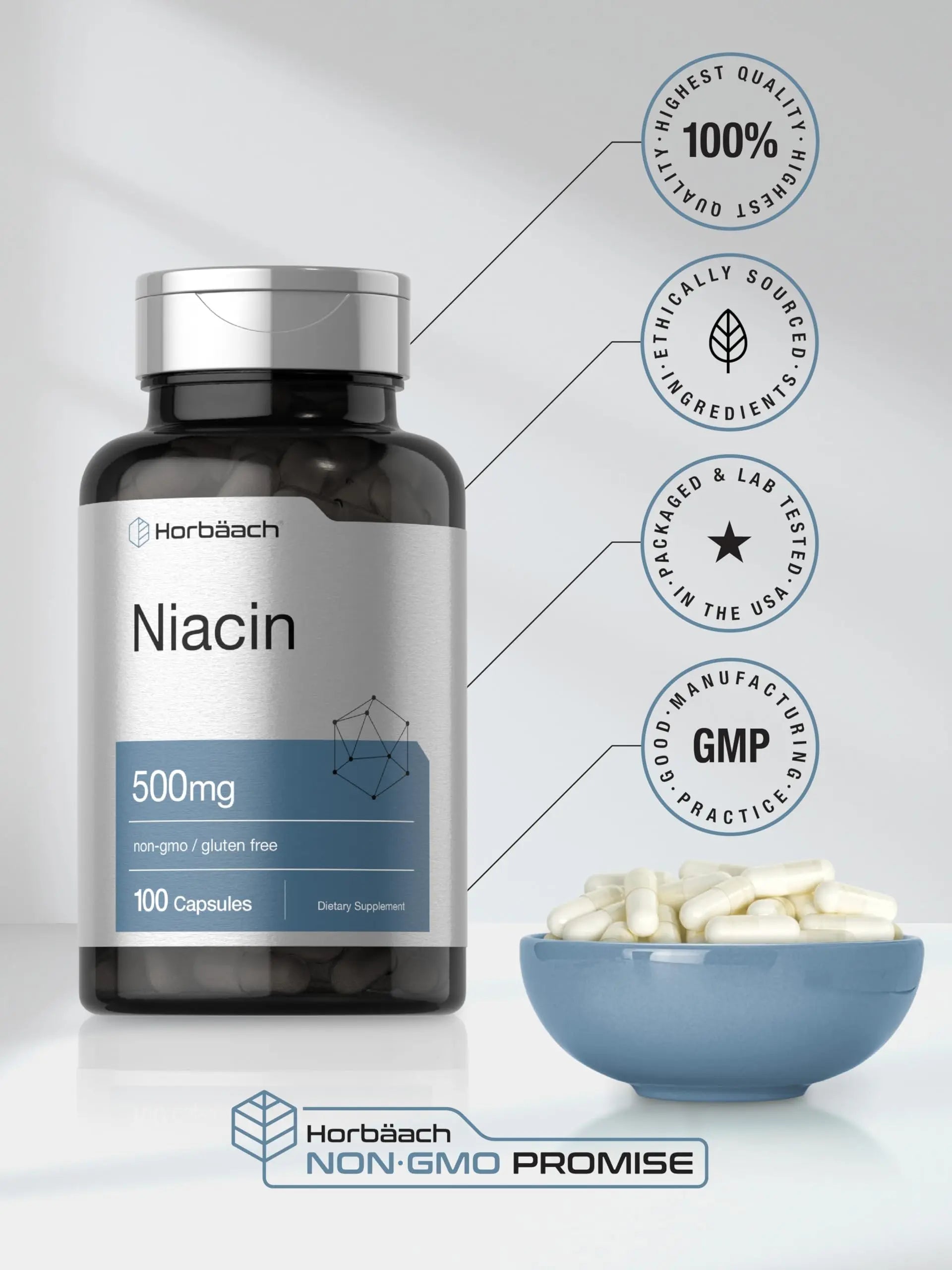 Niacin | Vitamin B3 500mg | 100 Capsules | with Flushing | Non-GMO, and Gluten Free Horbäach Au supplements