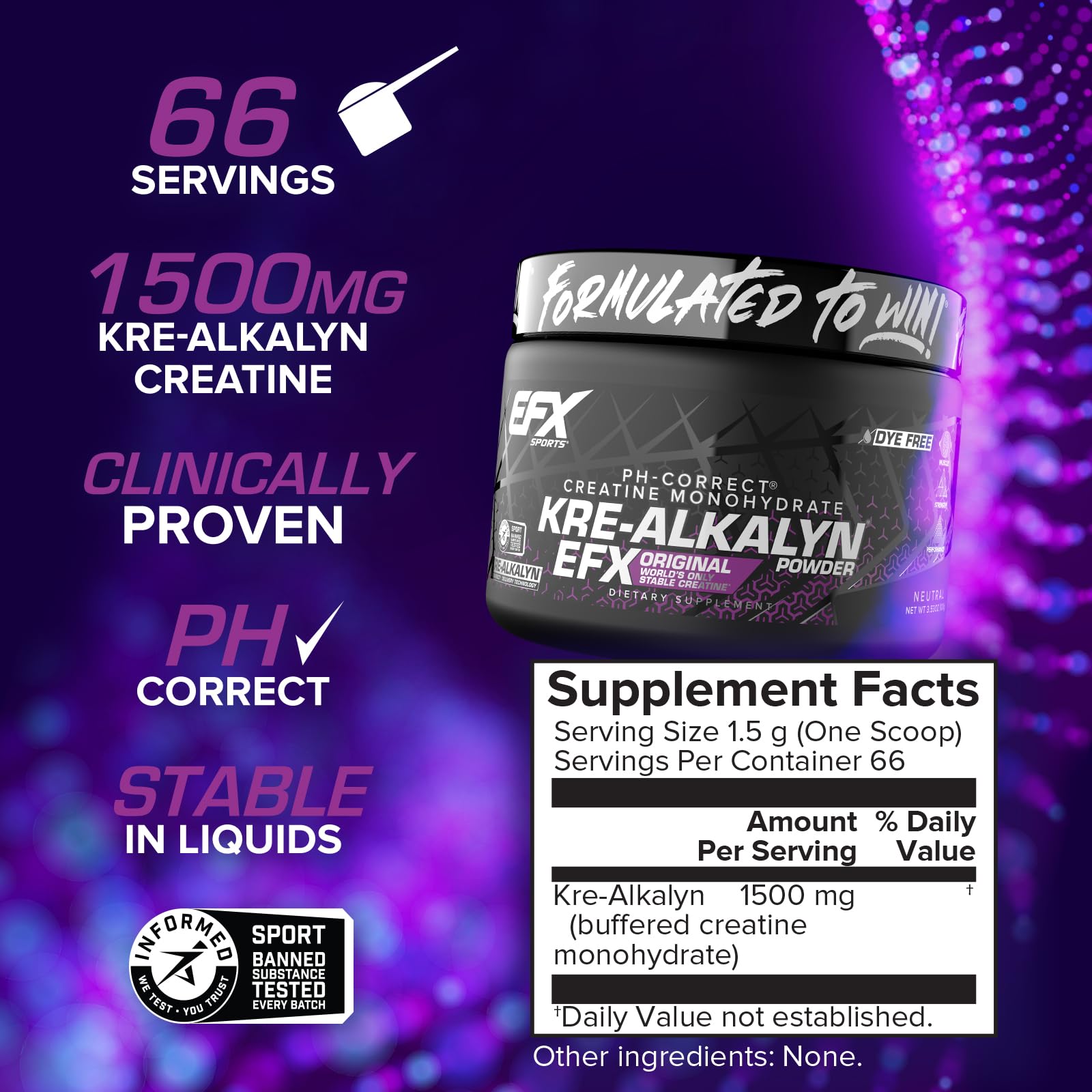 EFX Sports Kre-Alkalyn EFX Powder | pH Correct Creatine Monohydrate Powder Supplement | Strength, Muscle Growth & Performance | 66 Servings (Unflavored) EFX Sports Au supplements