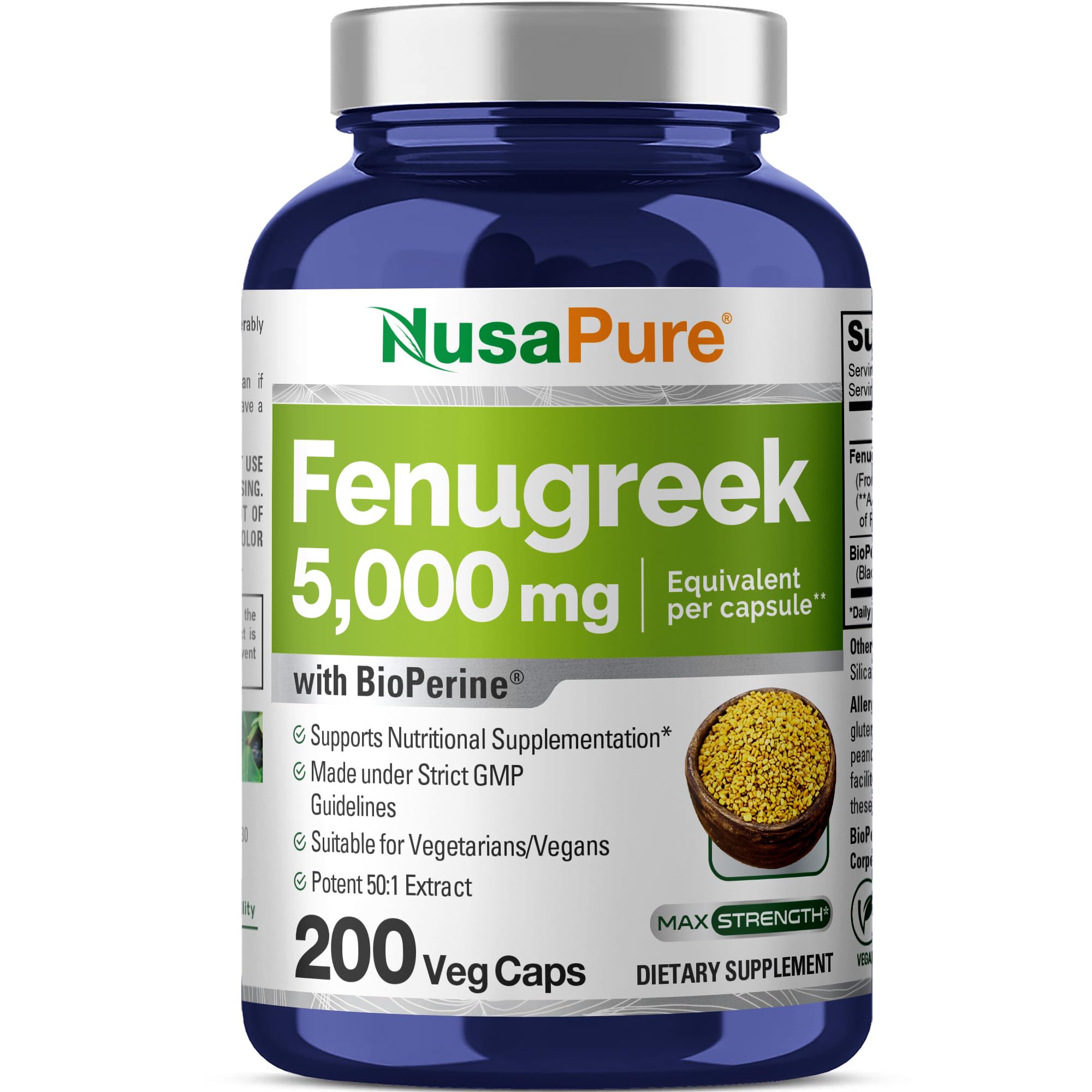 NusaPure Fenugreek Capsules, 50:1 Extract, 100 mg Equivalent to 5,000mg, 200 Veggie Caps, Non-GMO, Vegan NusaPure Au supplements