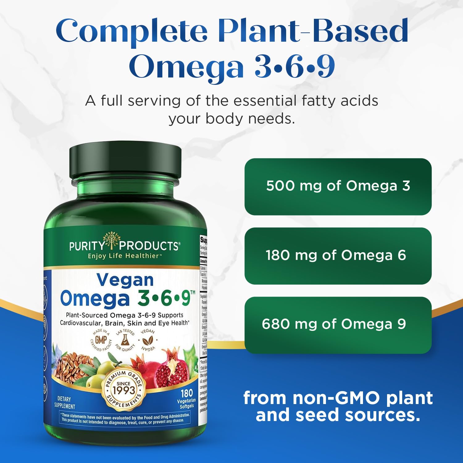 Purity Products Vegan Omega 3 6 9 Formula - “5 in 1” Essential Fatty Acid Complex - Scientifically Formulated Plant-Based Vegan Omega 3-6-9 Essential Fatty Acids