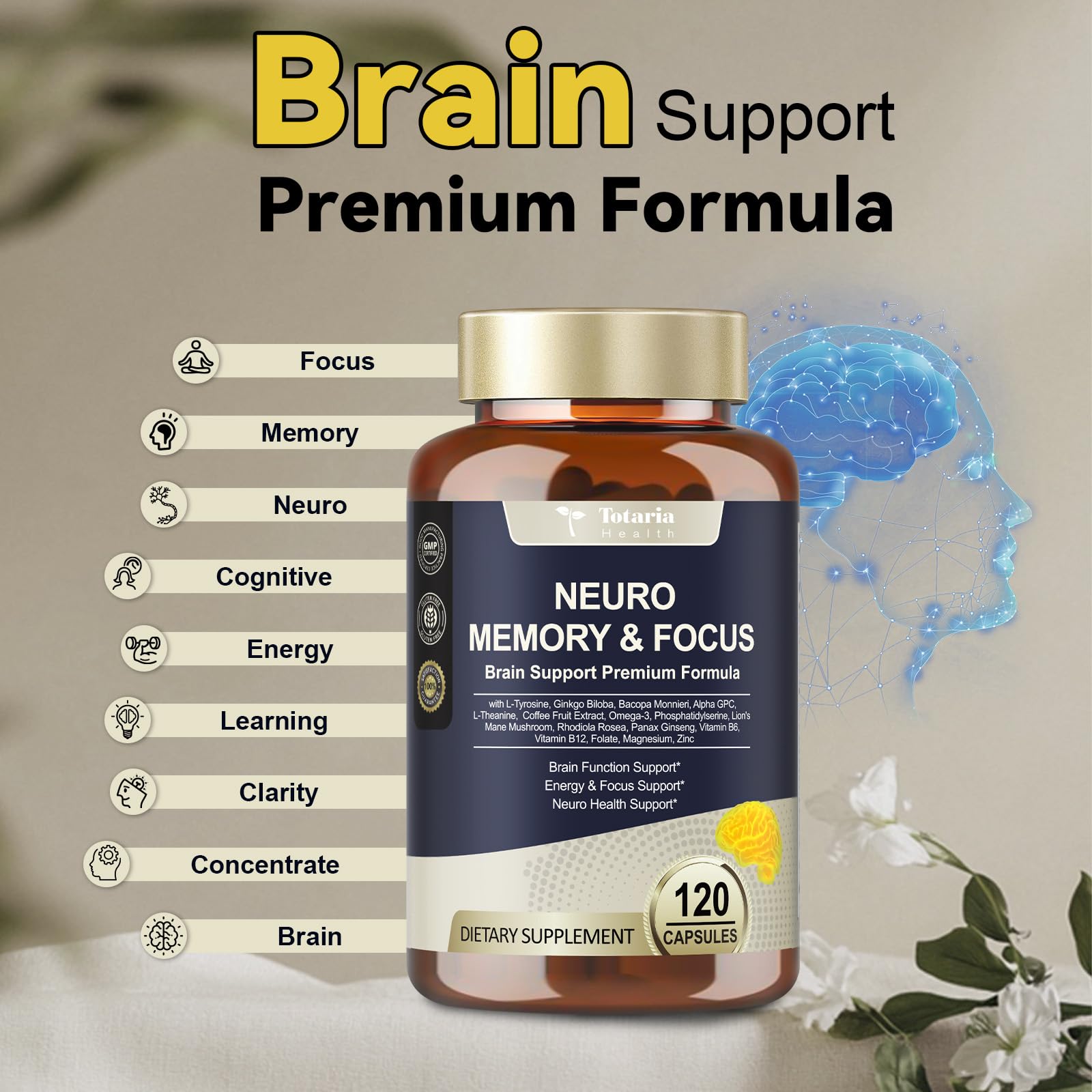 25 in 1 Brain Supplements for Memory and Focus & Neuro Health - Daily Brain Nootropic Cognitive Supplement with L-Tyrosine, Bacopa Monnieri, Ginkgo Biloba, Alpha GPC - Non-GMO, Gluten Free Totaria Au supplements