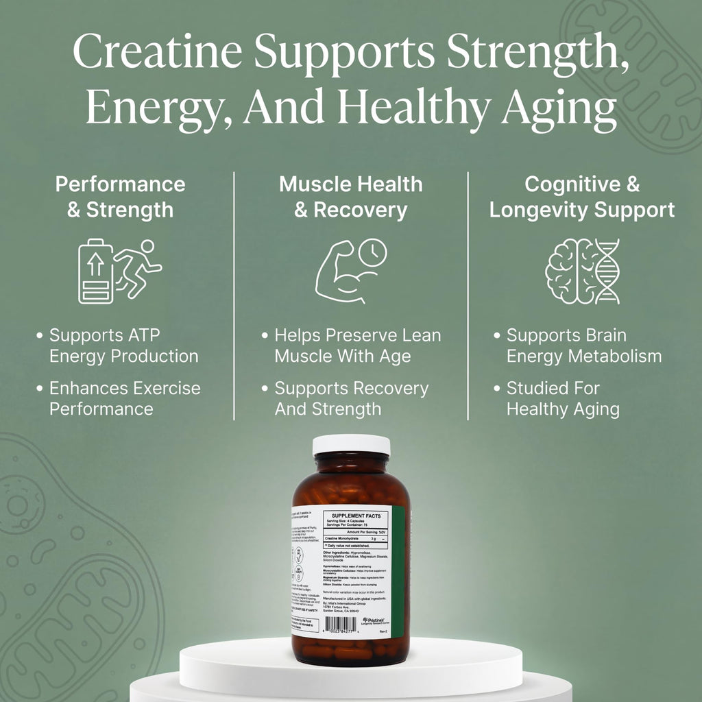 PRISTINE'S Creatine Monohydrate Capsules for Women & Men - NSF Certified 75 Day Supply 3G Muscle Growth Support Supplement - Cognitive & Athletic Performance Support - Enhanced Recovery PRISTINE'S Au supplements