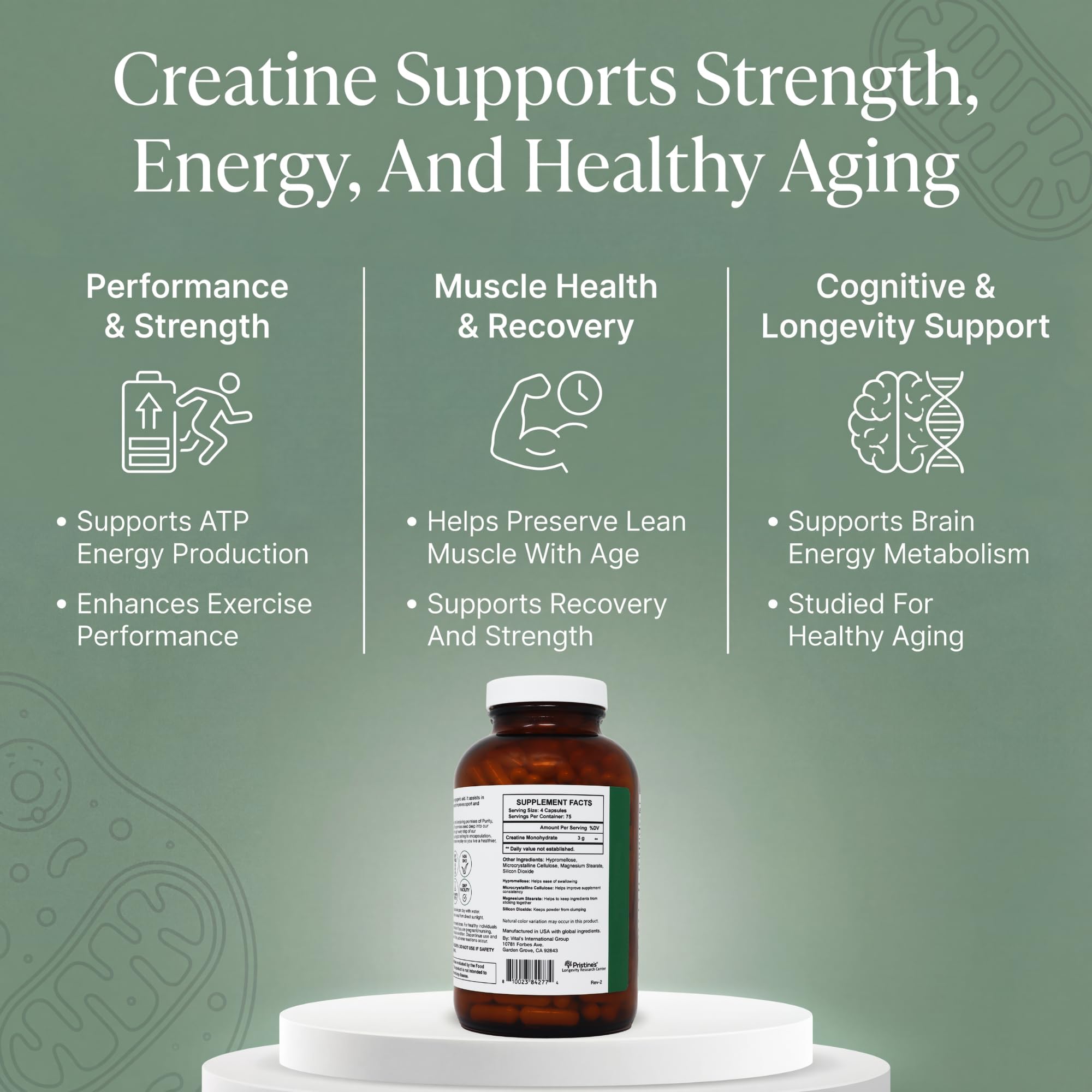 PRISTINE'S Creatine Monohydrate Capsules for Women & Men - NSF Certified 75 Day Supply 3G Muscle Growth Support Supplement - Cognitive & Athletic Performance Support - Enhanced Recovery PRISTINE'S Au supplements