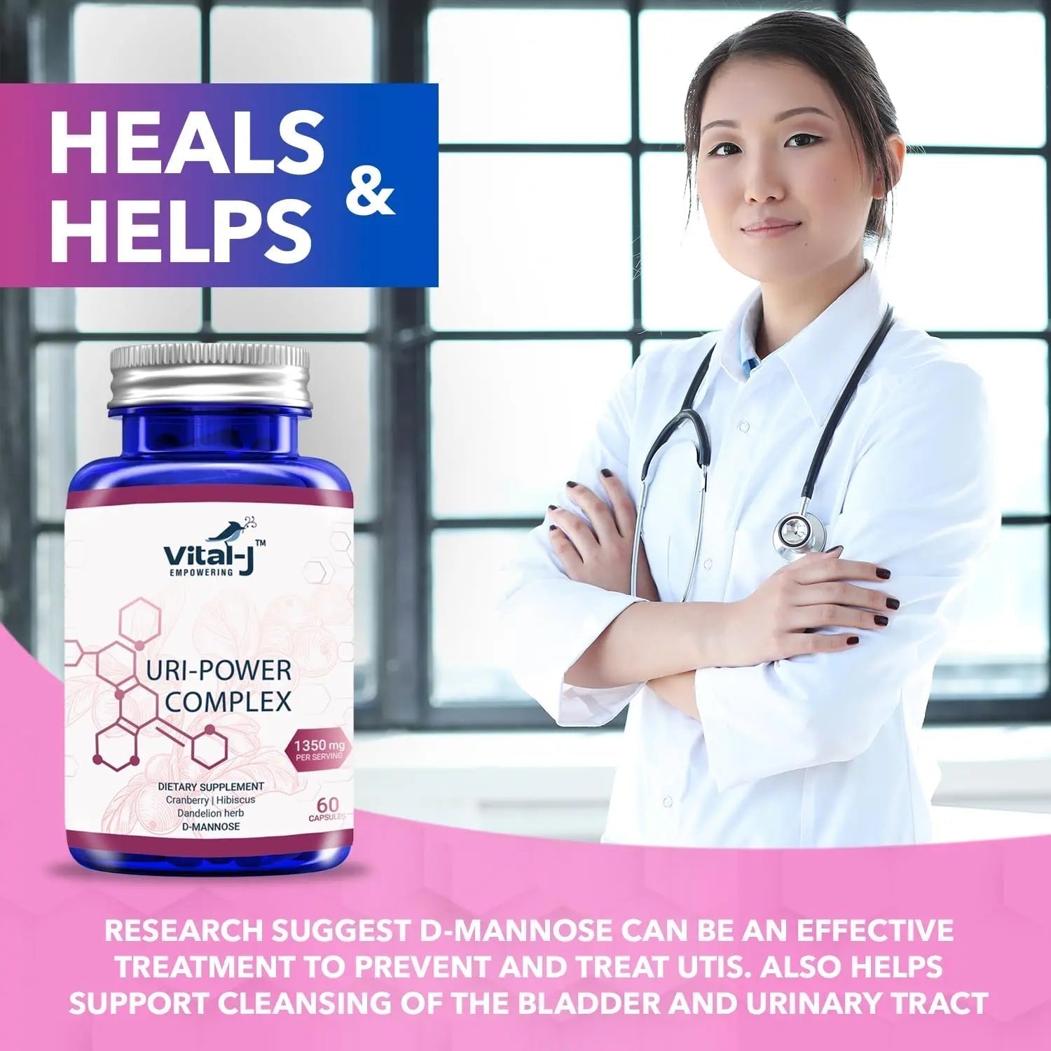 4-IN-1 URI POWER COMPLEX 1350mg - D Mannose, Cranberry, Hibiscus, and Dandelion Herb - Naturally Cleanse the Bladder and Urinary Tract 60 capsules – Specialized Approach for UTI Avoidance Vital-J Empowering Au supplements
