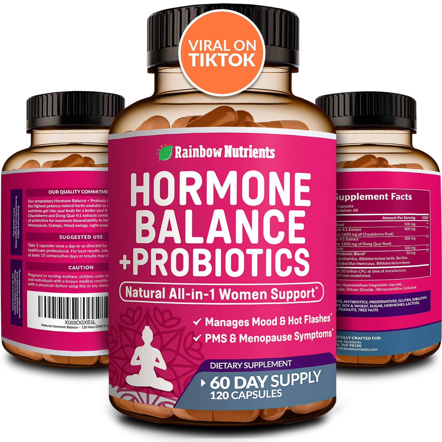 Hormone Balance + Probiotics for Women- Natural Menopause Relief, Weight Management, Bloating, Hot Flashes, PMS | Organic Maca, Chasteberry, Dong Quai & Black Cohosh | Non GMO |120 V Capsules Rainbow Nutrients, LLC Au supplements