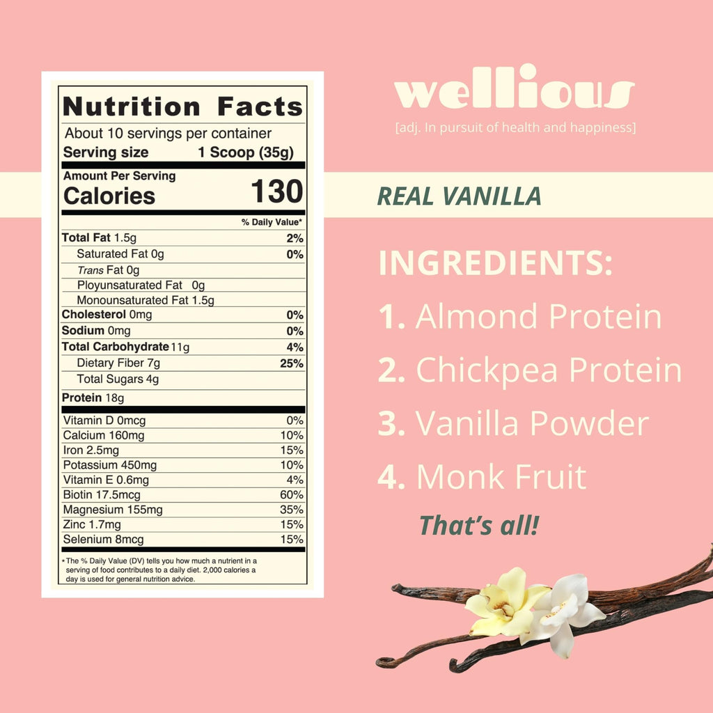 wellious Almond Protein Powder (Vanilla) - 18 Grams of Pure Healthiest Vegan Protein for Women & Men - Perfect Soy-Free & Smooth Gut Friendly Protein Powder for Sports Nutrition