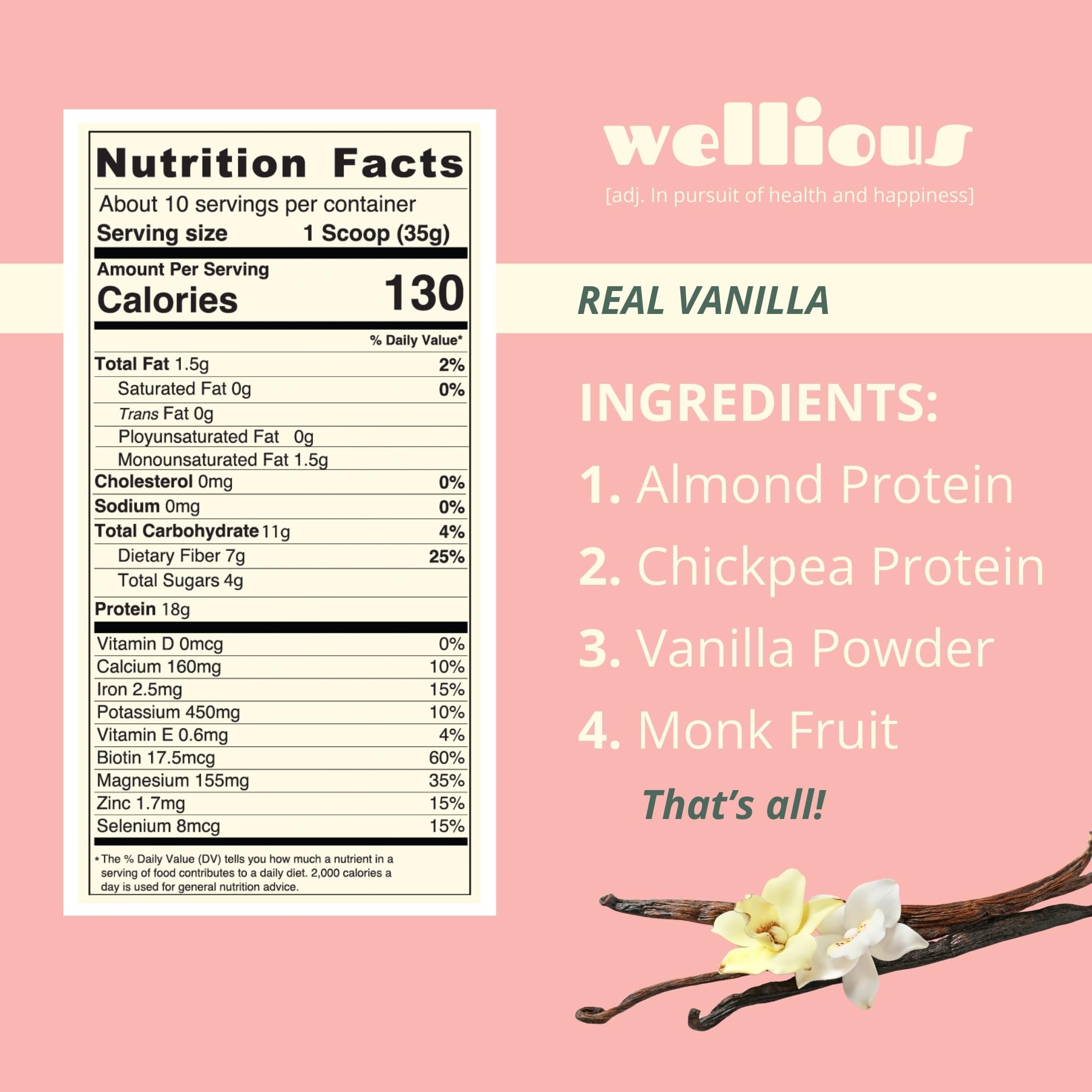 wellious Almond Protein Powder (Vanilla) - 18 Grams of Pure Healthiest Vegan Protein for Women & Men - Perfect Soy-Free & Smooth Gut Friendly Protein Powder for Sports Nutrition