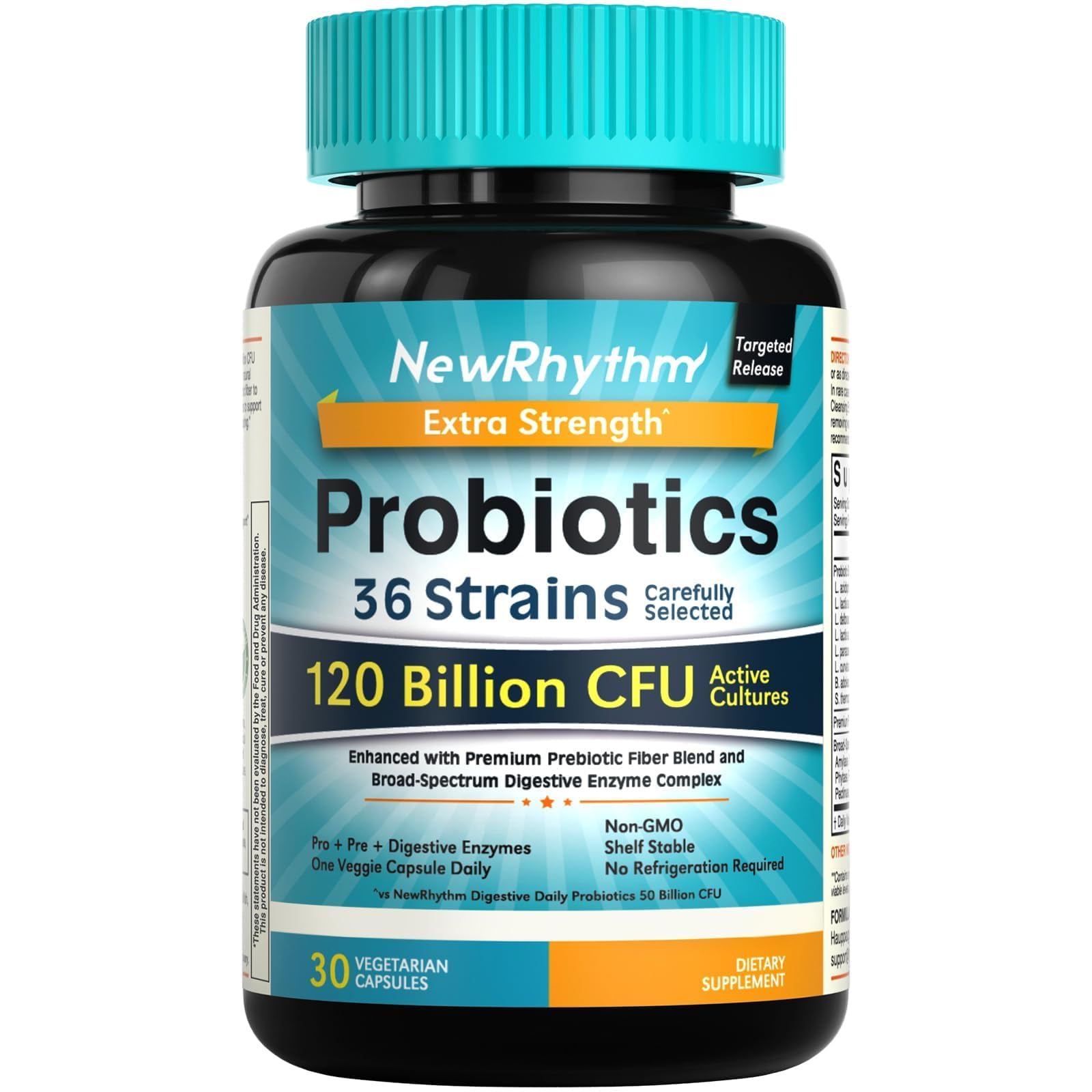 NewRhythm Probiotics 120 Billion CFU 36 Strains, 3-in-1 Probiotics with Prebiotics & Enzymes, Probioticos for Women & Men,