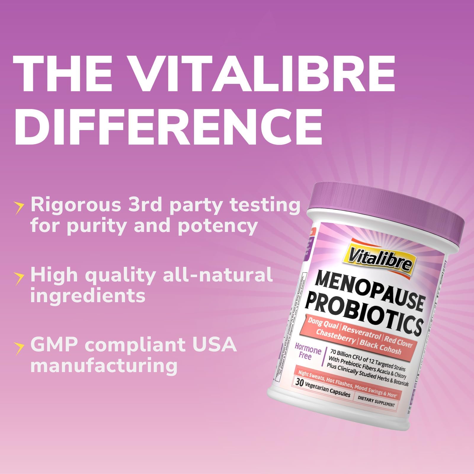 Vitalibre Menopause Probiotics for Women 70 Billion CFU, 12 Targeted Strains, Organic Prebiotics, Black Cohosh Resveratrol Red Clover Chasteberry Dong Quai, Hot Flash Night Sweat+, No Estrogen, 30 Ct Vitalibre Au supplements