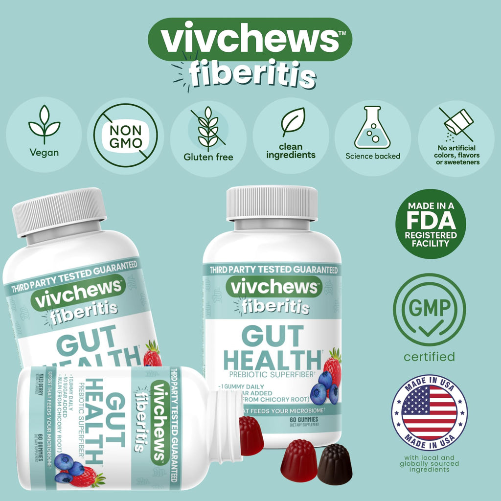 vivchews Gut Health Gummies – Prebiotic Fiber for Bloating Relief, No Sugar Added, Non-GMO, Fruit Pectin Based, Gluten-Free, No Artificial Colors,