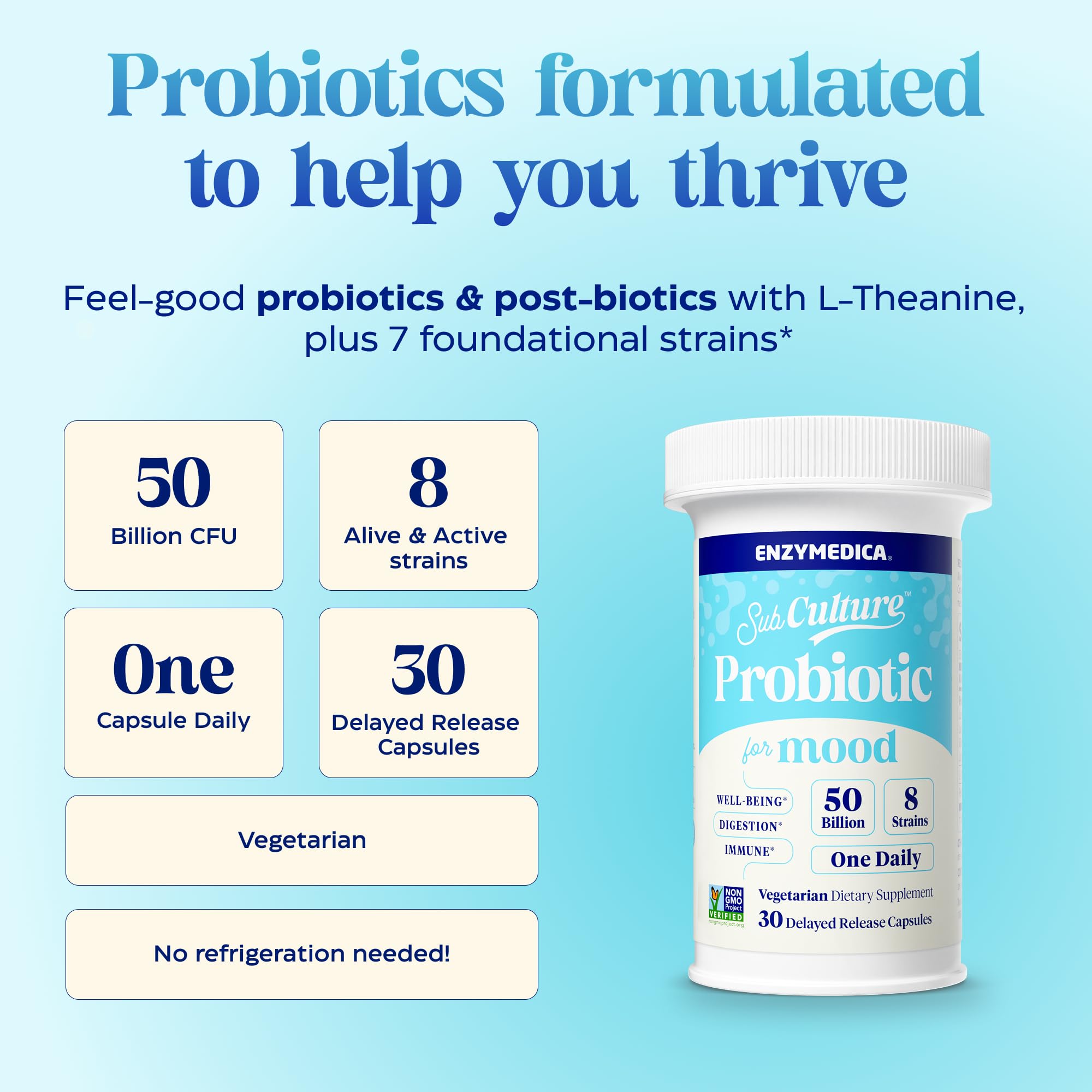 Enzymedica SubCulture Probiotics for Mood, Stress, & Sleep, 50 Billion CFU, Promotes Relaxation, Immune + Digestive Health & Regularity, 30 Count Enzymedica Au supplements